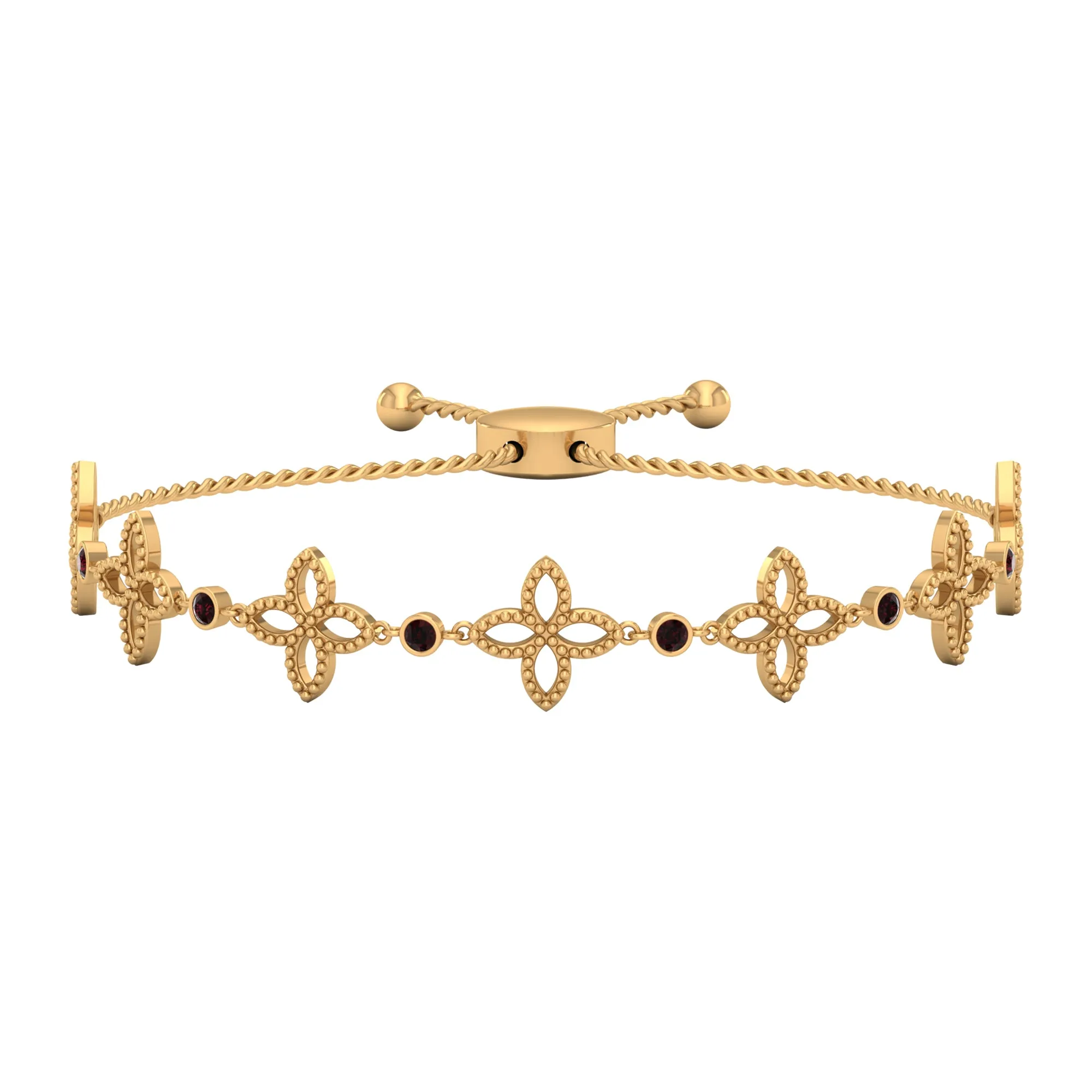 0.25 CT Bezel Set Garnet and Gold Floral Bolo Chain Bracelet with Beaded Details