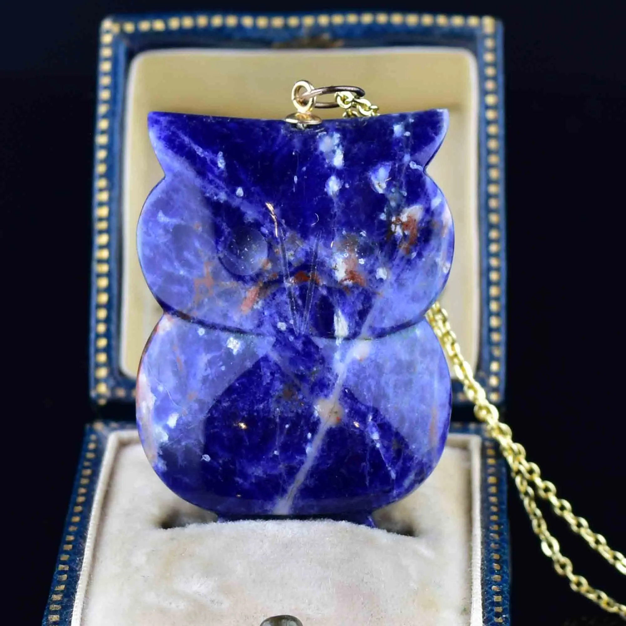 14K Gold Carved Lapis Lazuli Owl Pendant