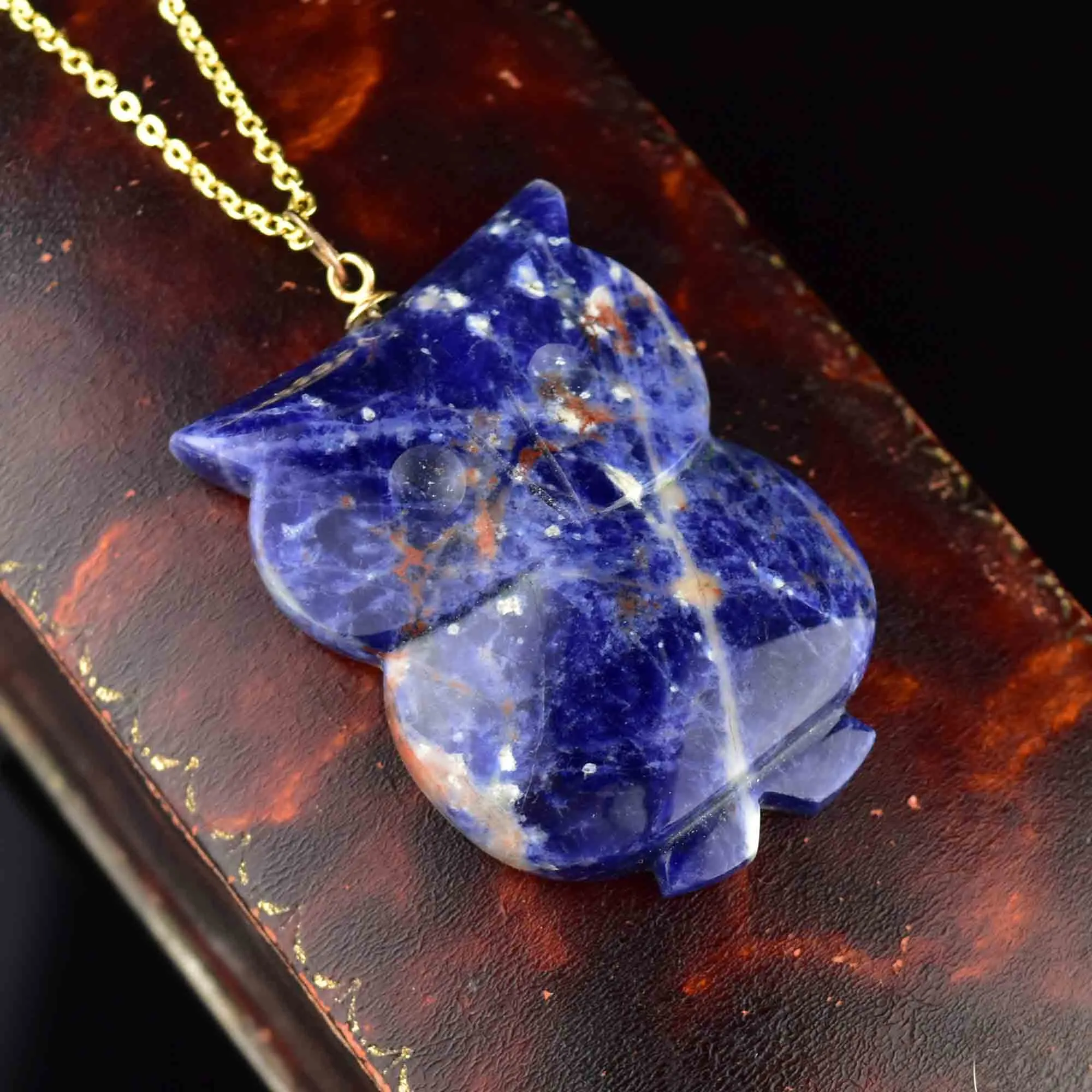 14K Gold Carved Lapis Lazuli Owl Pendant