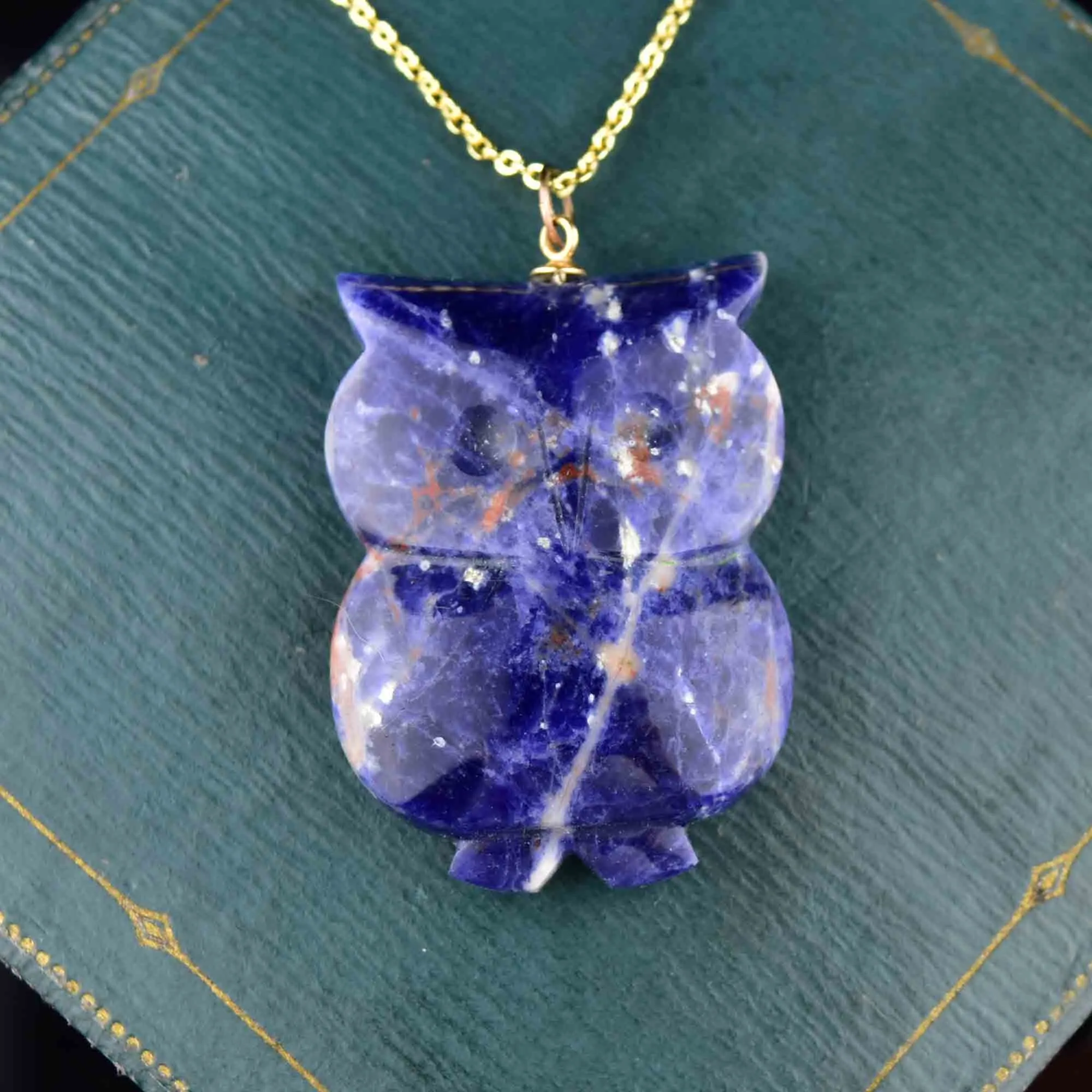 14K Gold Carved Lapis Lazuli Owl Pendant