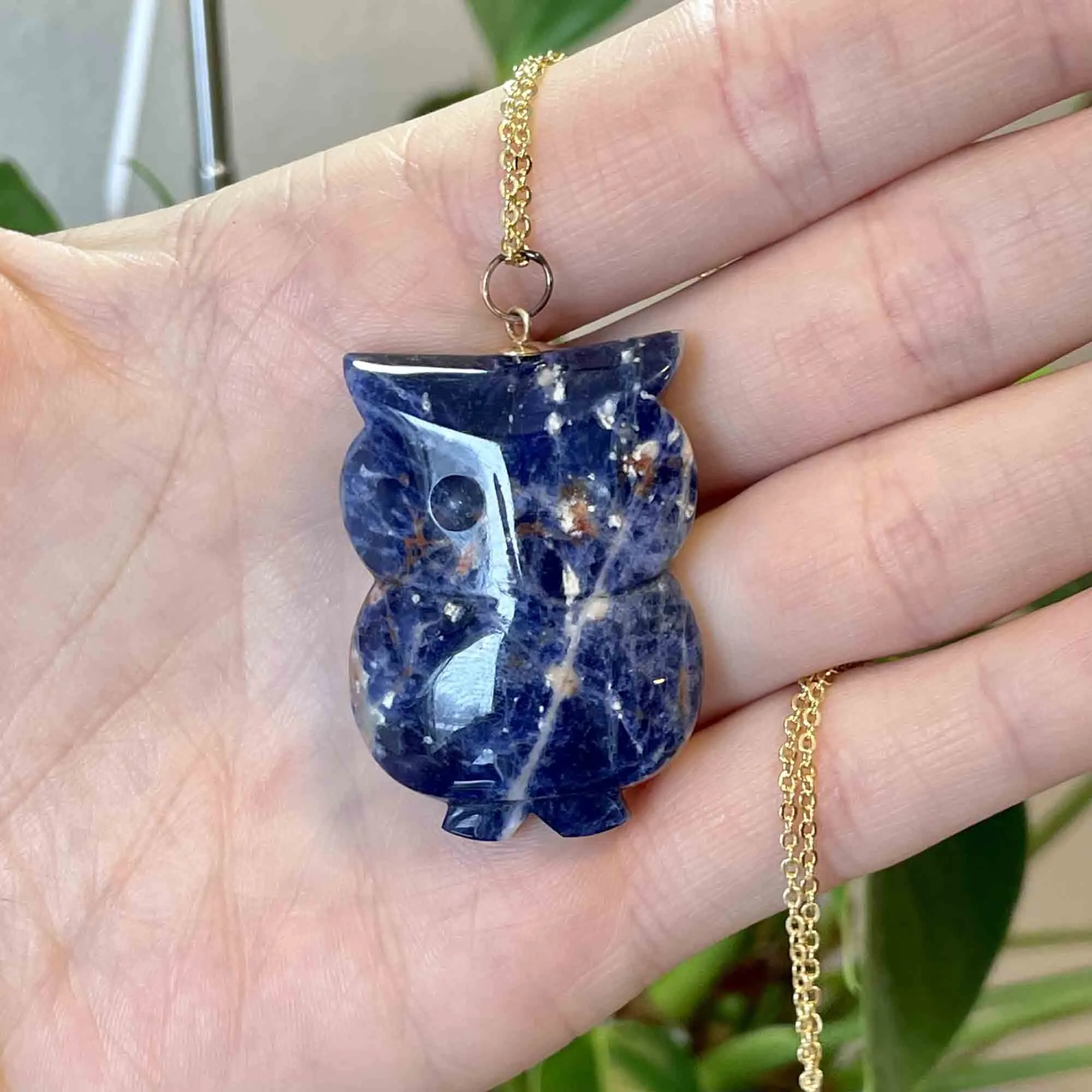 14K Gold Carved Lapis Lazuli Owl Pendant