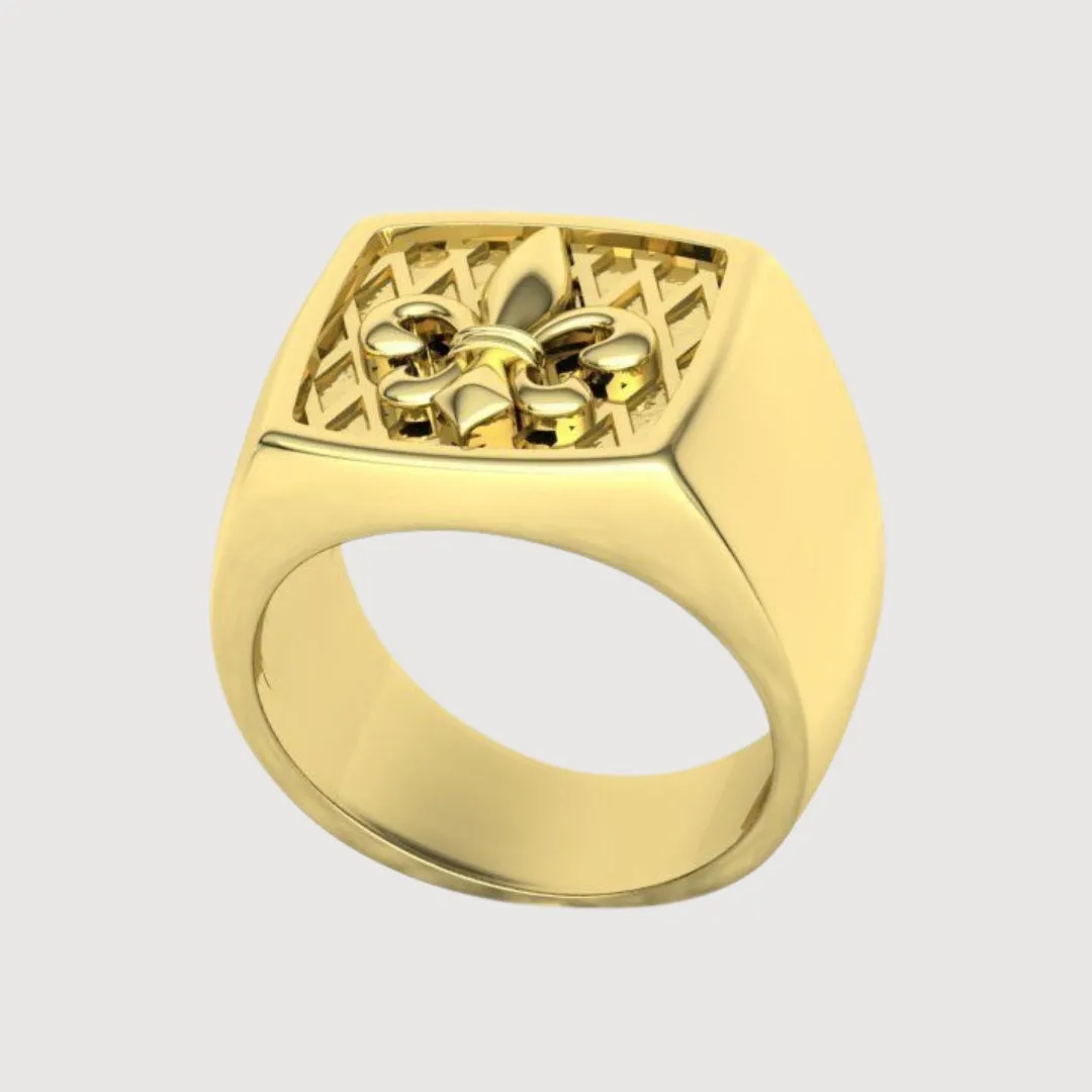 14k Gold Fleur-de-Lis Signet Ring - Cushion Top Design for Men