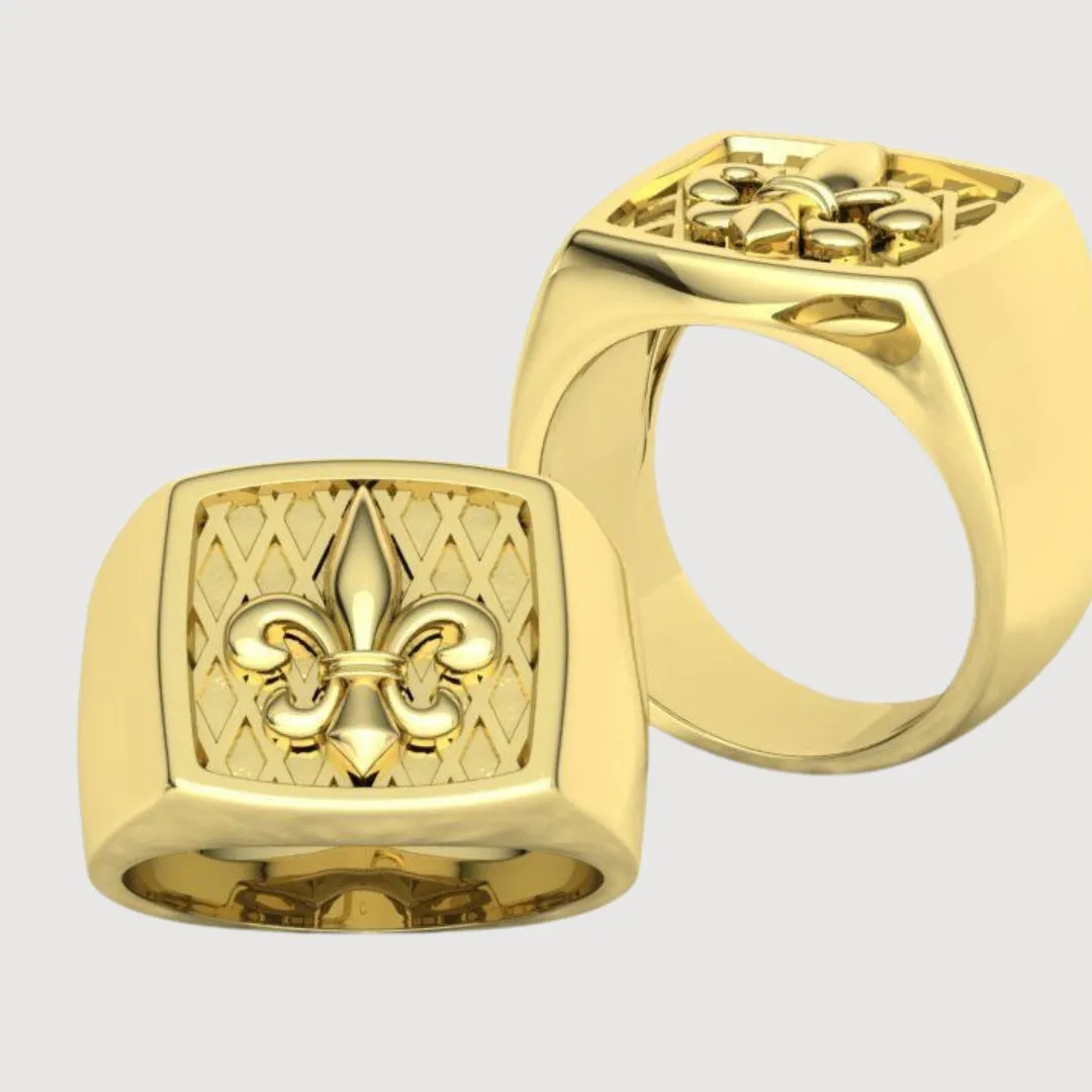 14k Gold Fleur-de-Lis Signet Ring - Cushion Top Design for Men