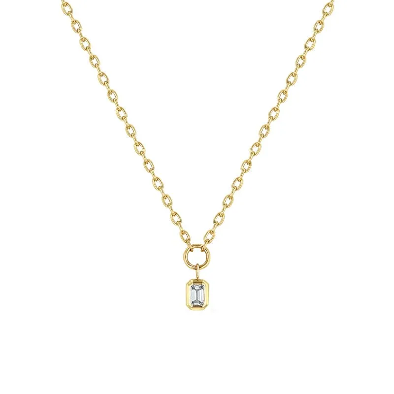 14k Small Square Oval Link Chain With Emerald Cut Diamond Necklace