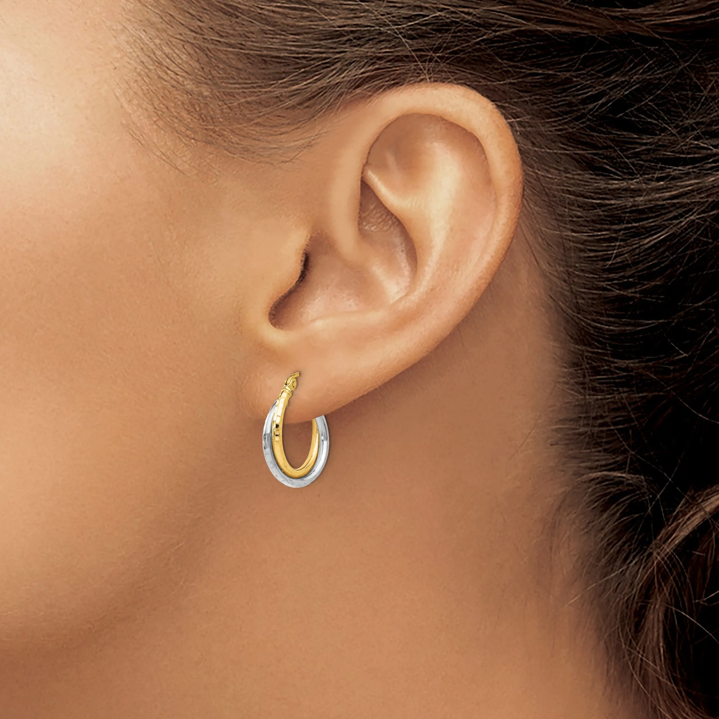 14k Two tone Diamond cut Hinged Hoop Earrings