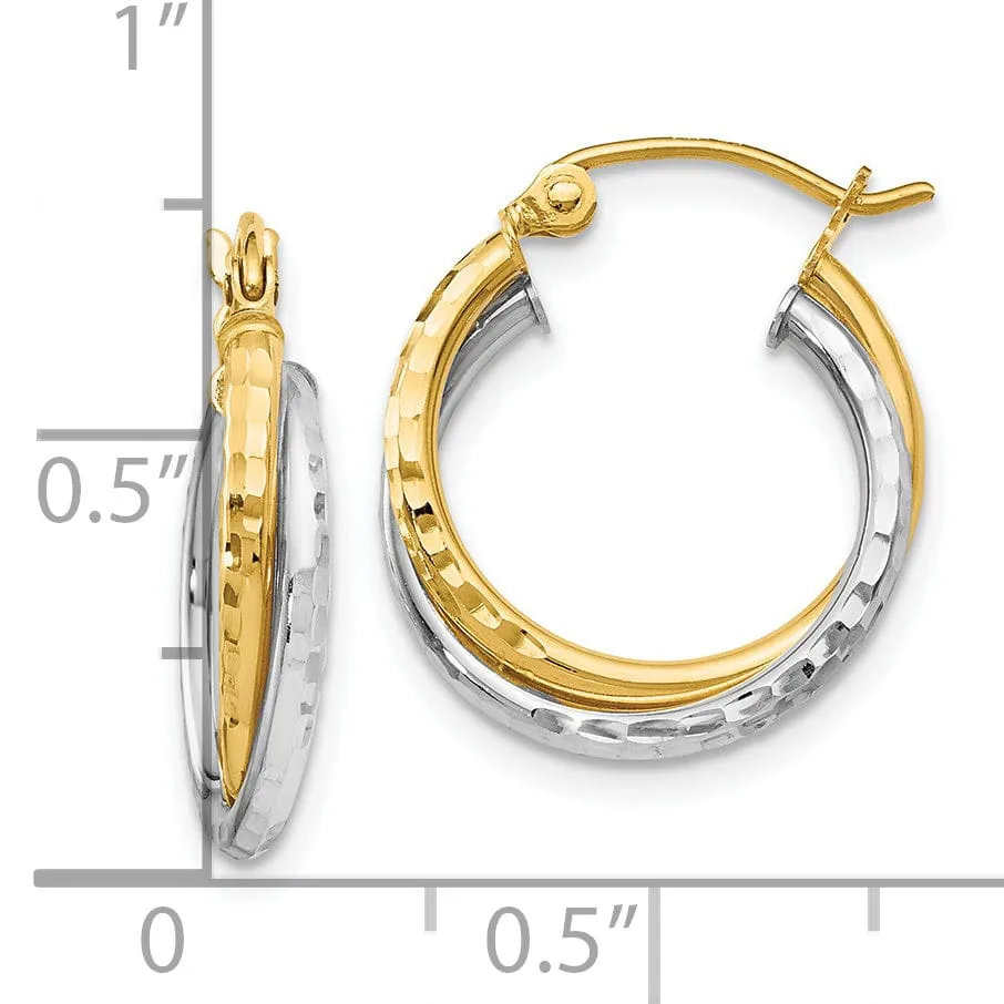 14k Two tone Diamond cut Hinged Hoop Earrings