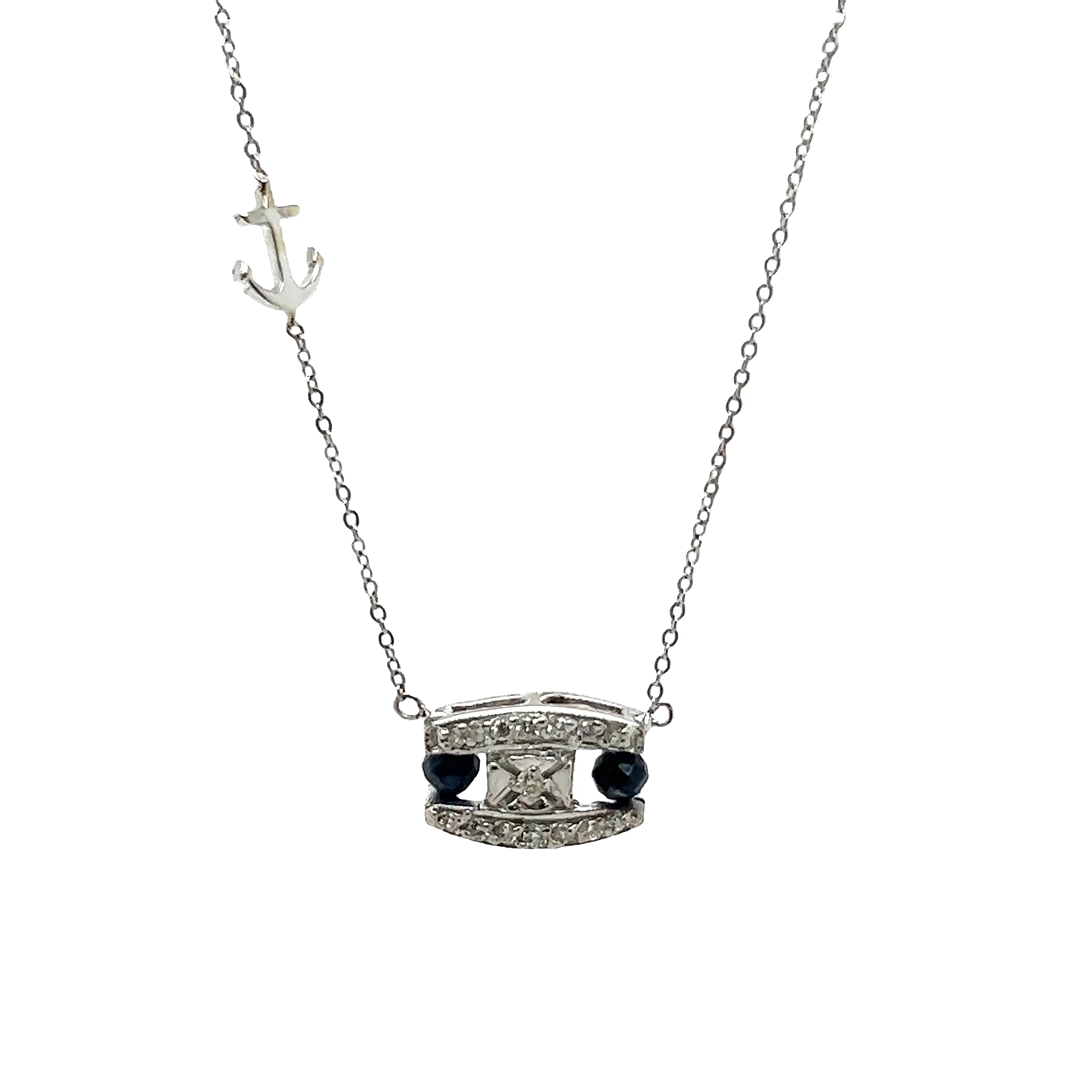 14k White Gold Diamond Pendant With Blue Sapphire Anchor
