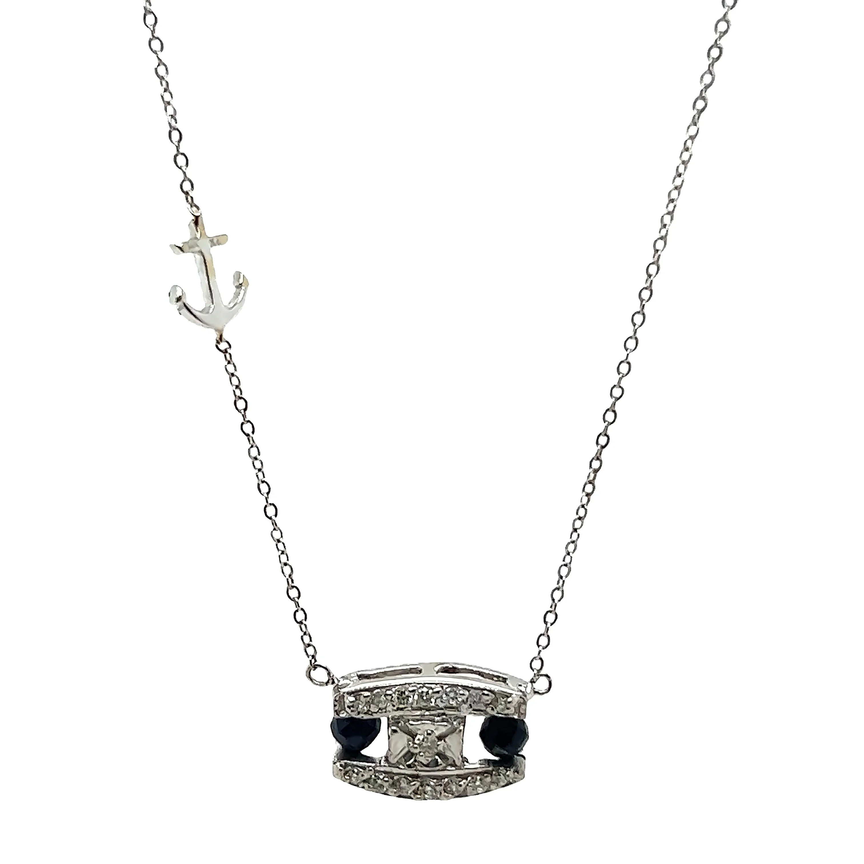 14k White Gold Diamond Pendant With Blue Sapphire Anchor