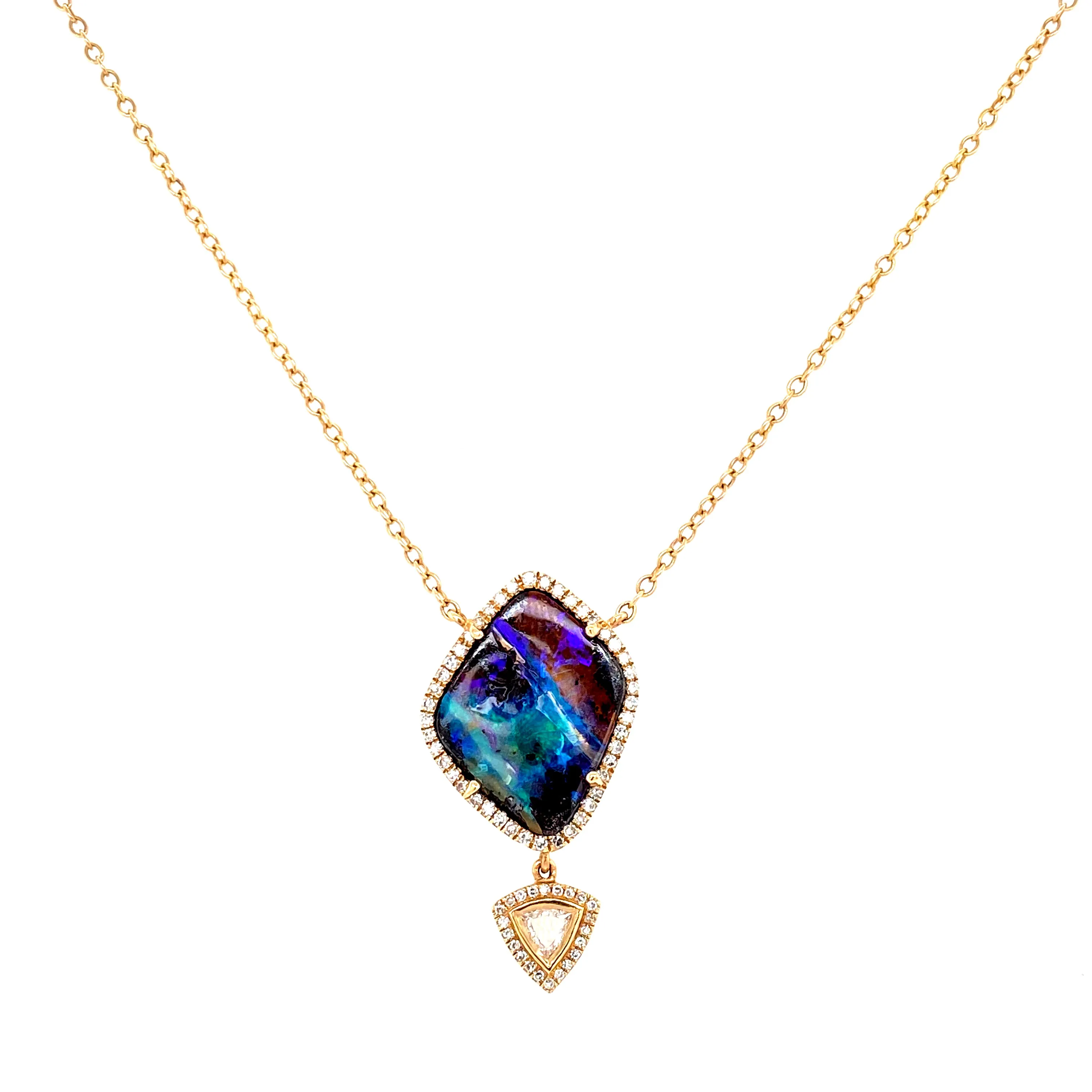 14K Yellow Gold Diamond   Boulder Opal Necklace