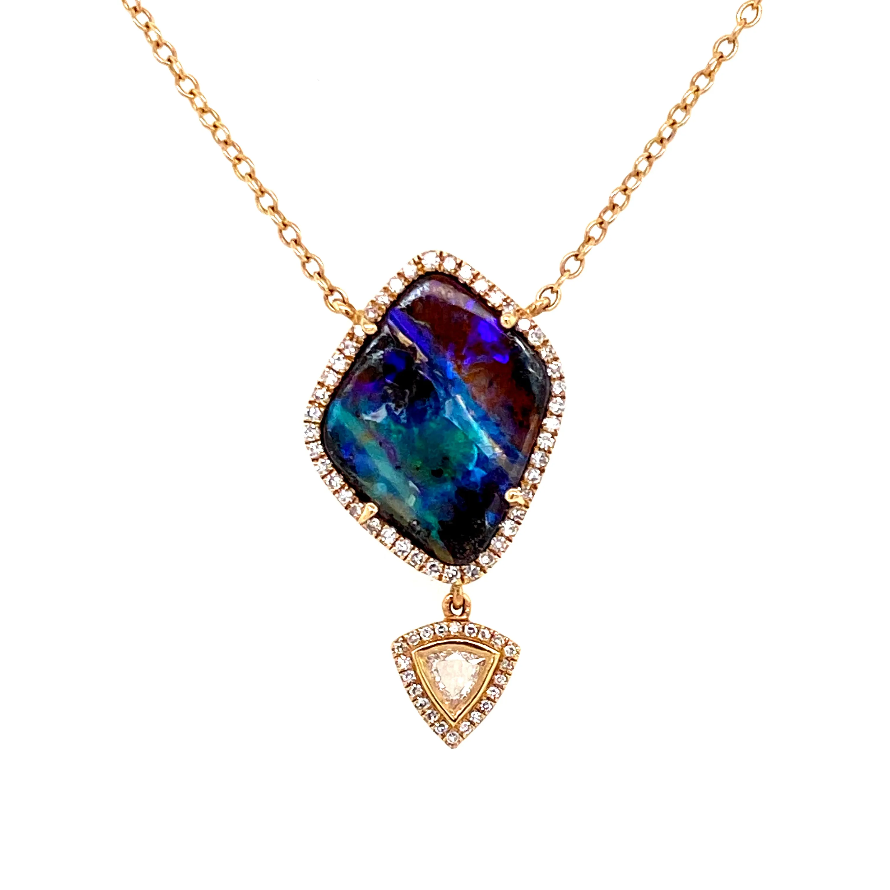 14K Yellow Gold Diamond   Boulder Opal Necklace