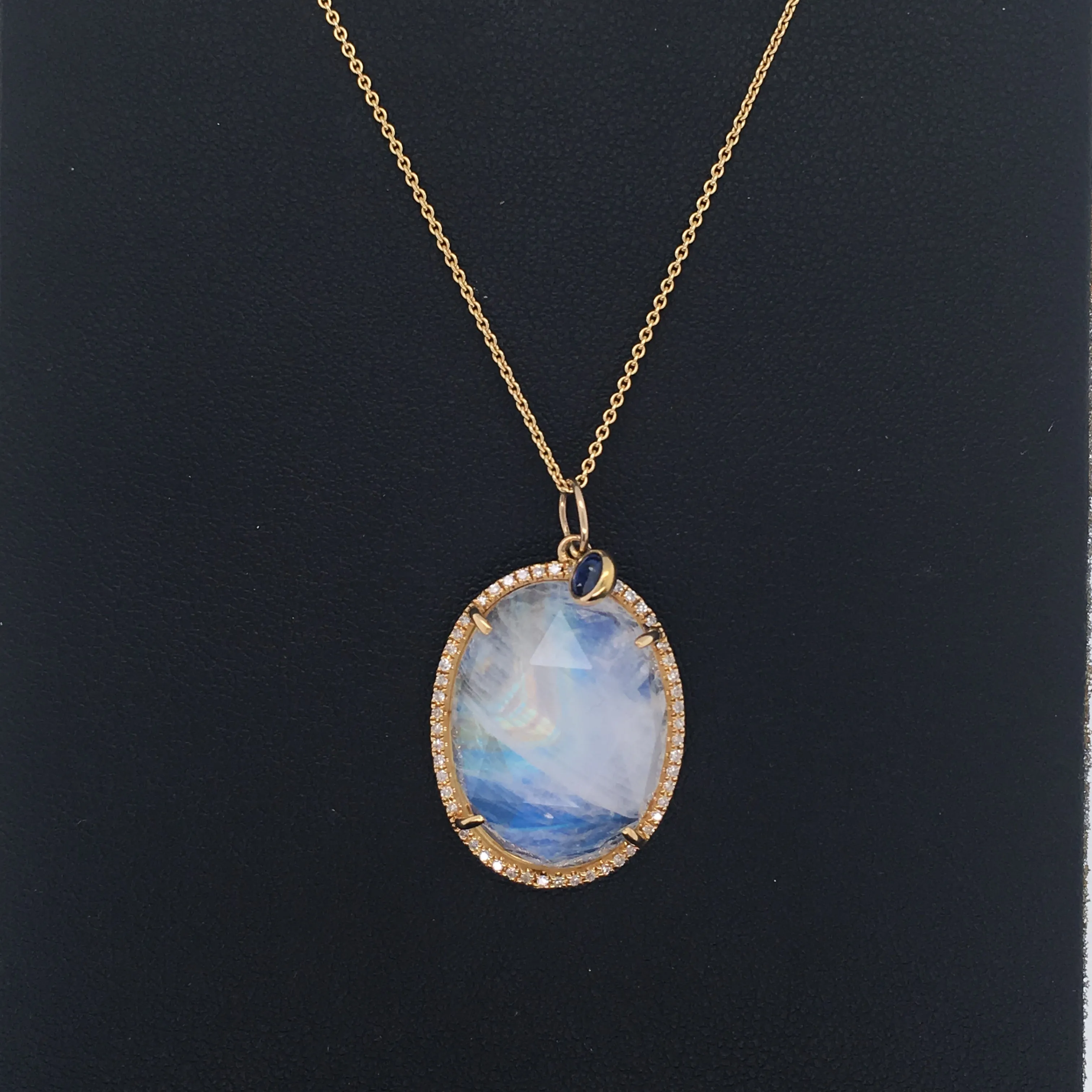 14K Yellow Gold Round Diamond   Oval Rainbow Moonstone & Sapphire Pendant