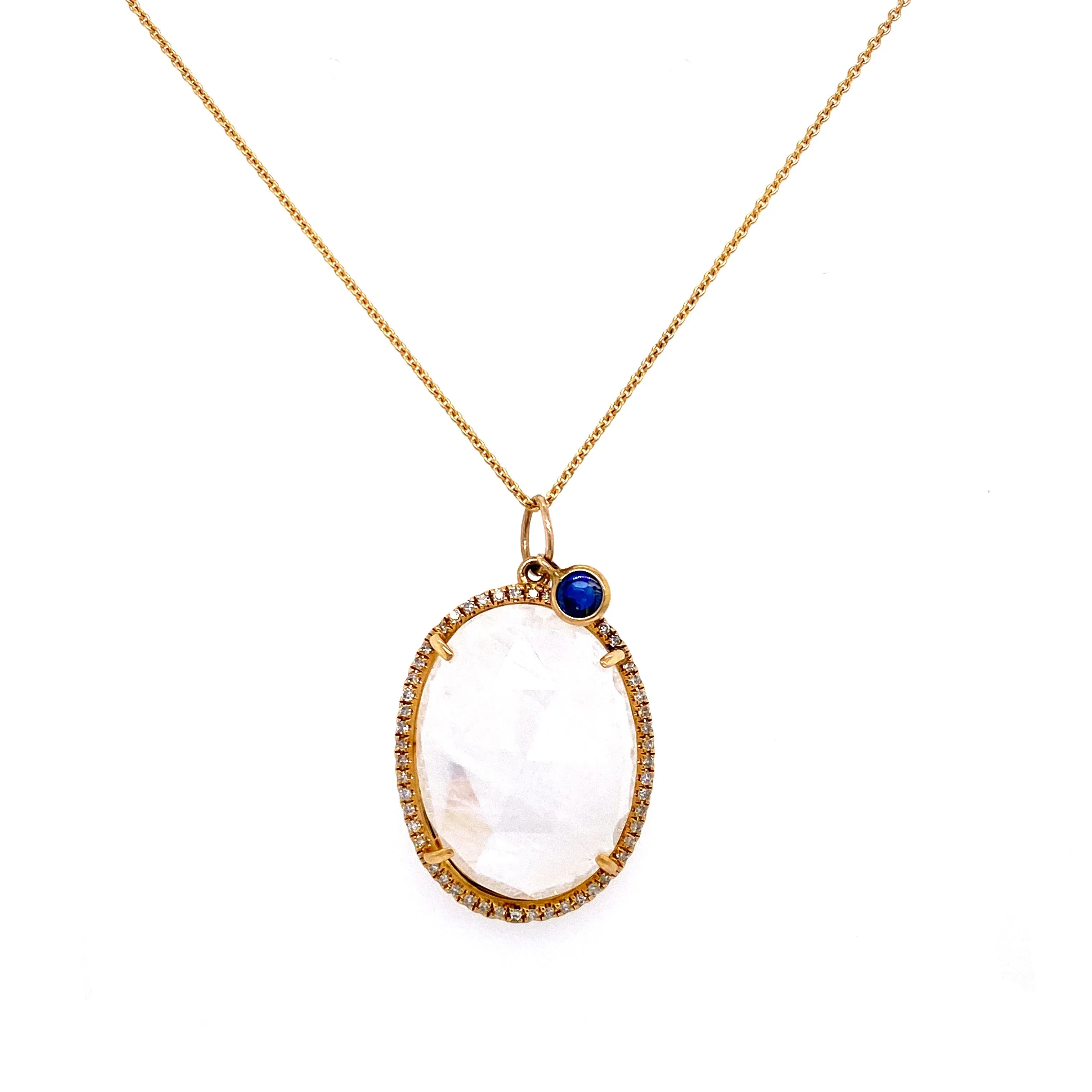 14K Yellow Gold Round Diamond   Oval Rainbow Moonstone & Sapphire Pendant