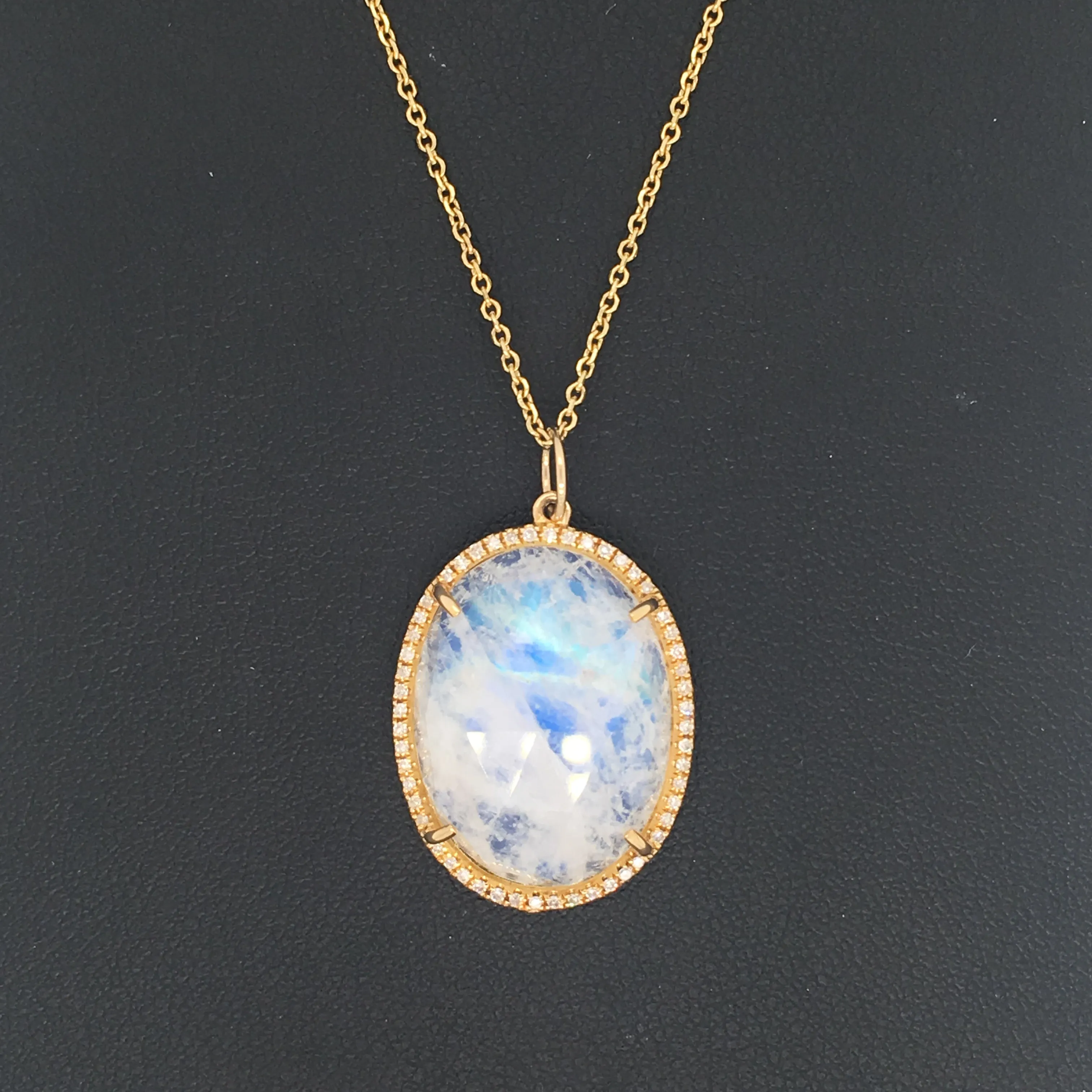 14K Yellow Gold Round Diamond   Oval Rainbow Moonstone Pendant