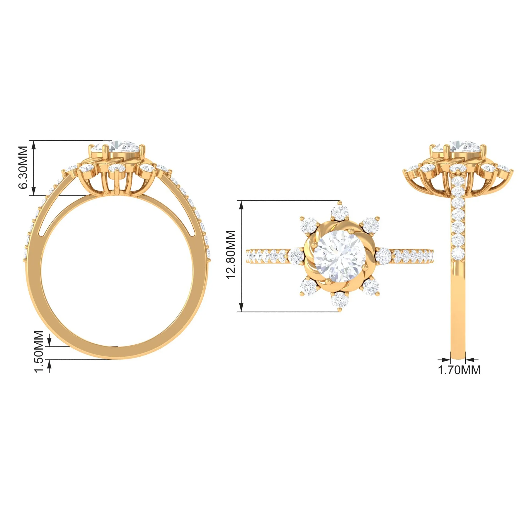 1.75 CT Round Zircon Designer Engagement Ring in Gold