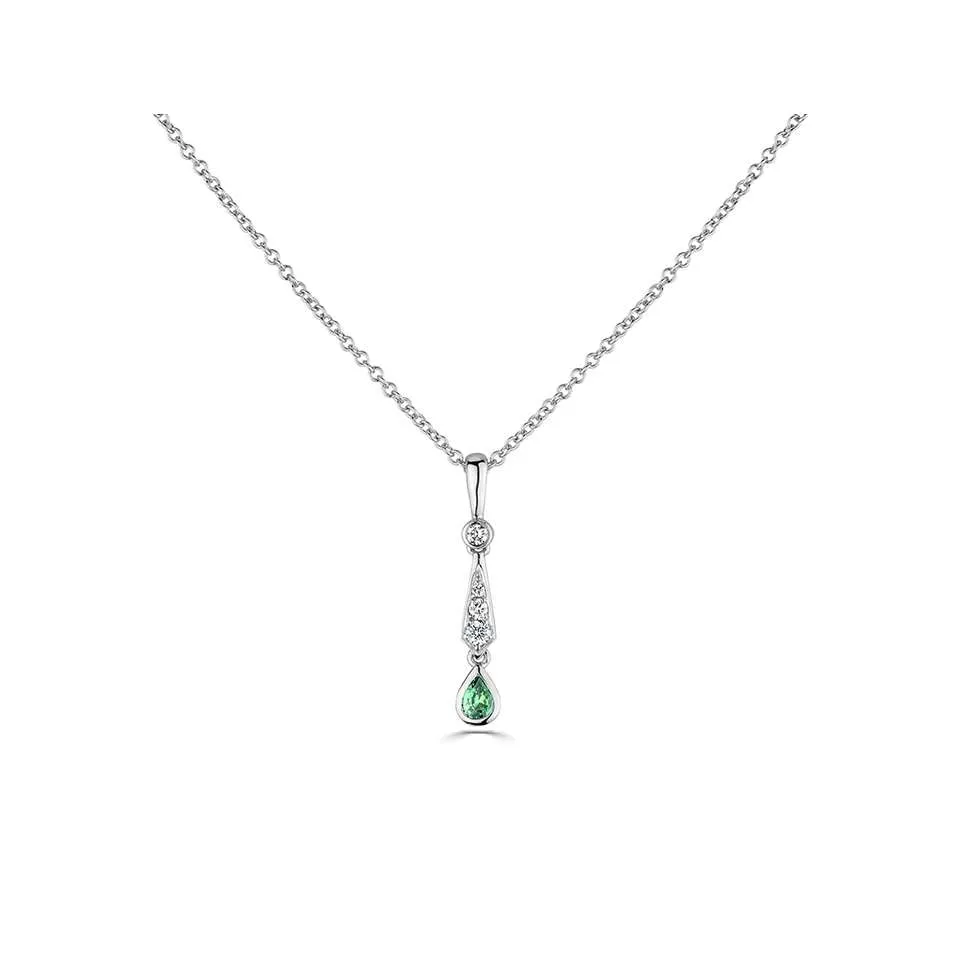 18ct White Gold 0.16ct Emerald And 0.10ct Diamond Drop Necklace