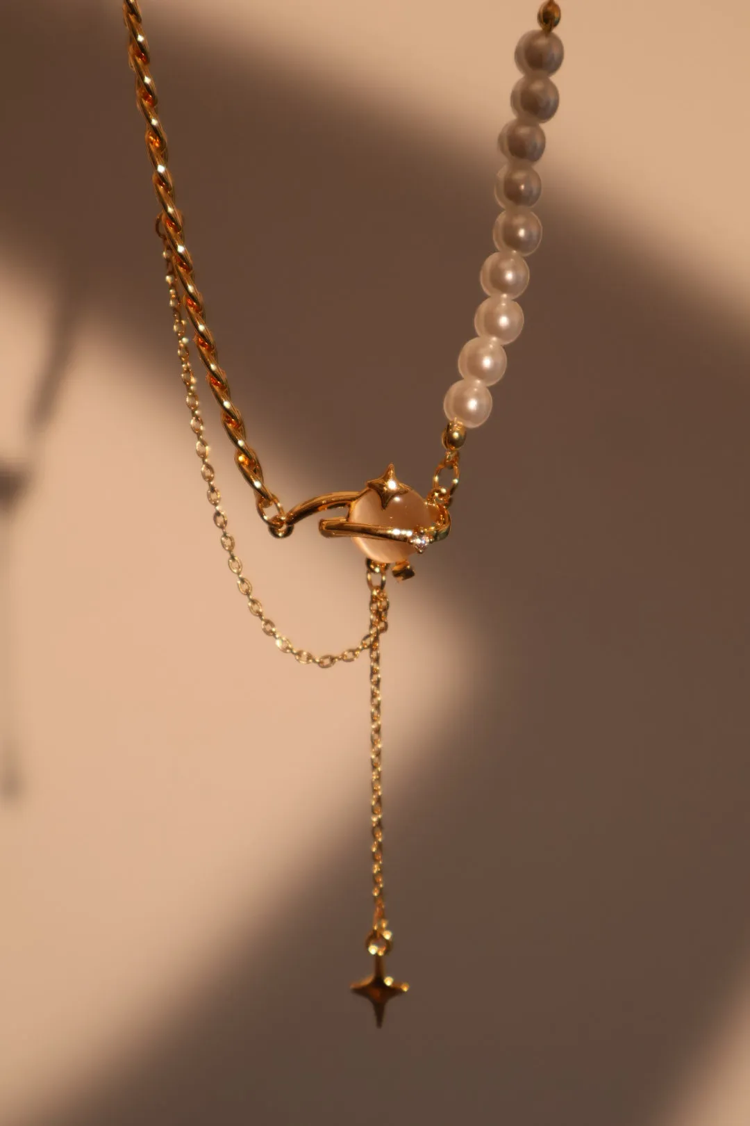 18K Real Gold Plated Moonlight Saturn Star Pearl Chain Necklace