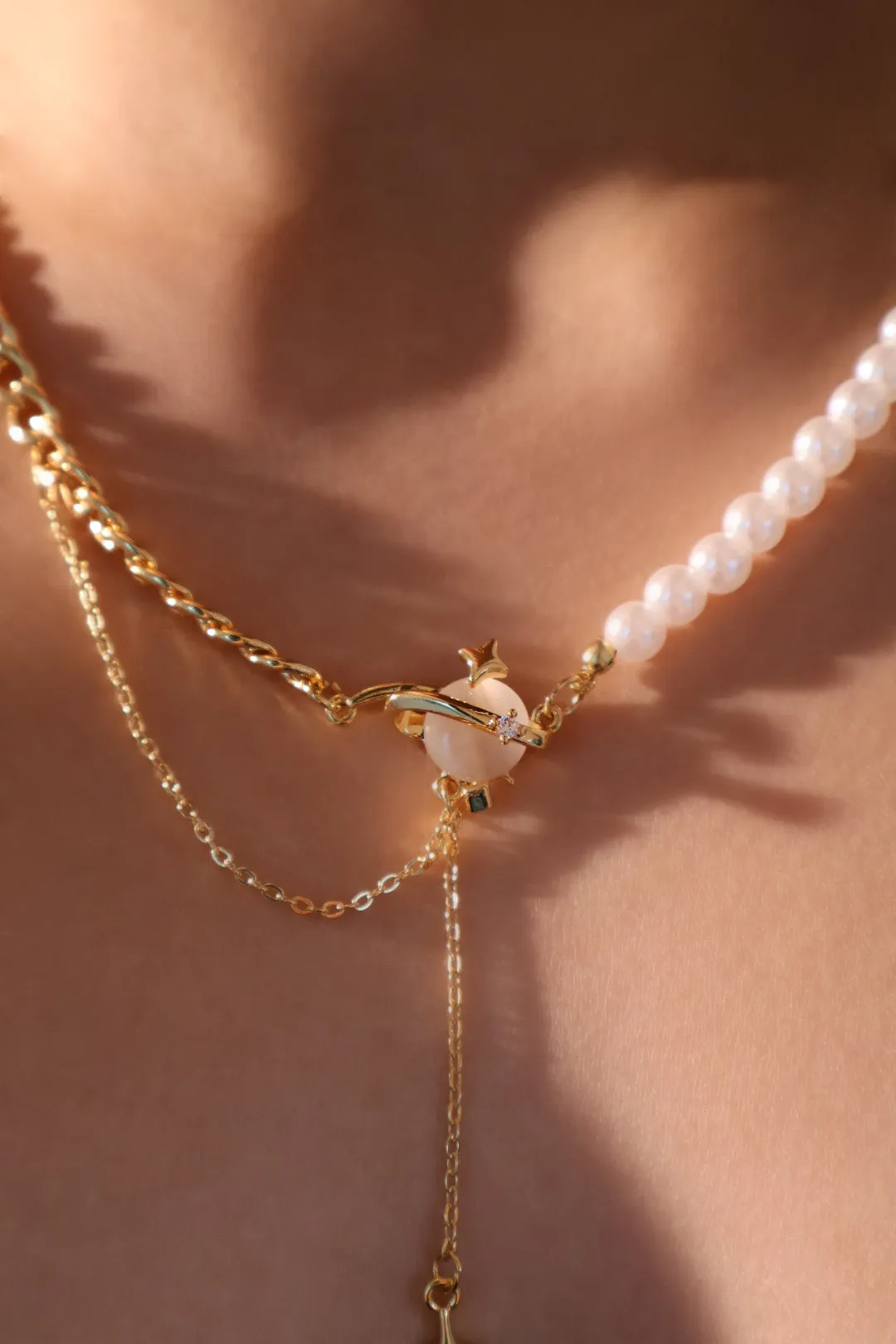 18K Real Gold Plated Moonlight Saturn Star Pearl Chain Necklace
