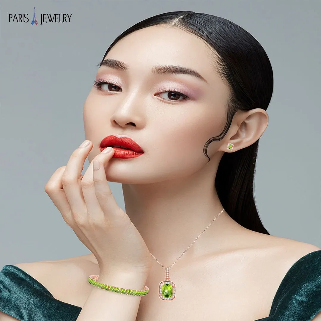 18K Rose Gold Created Peridot Princess Halo Pendant Necklace, Earrings and Tennis Bracelet Jewelry Set Plated