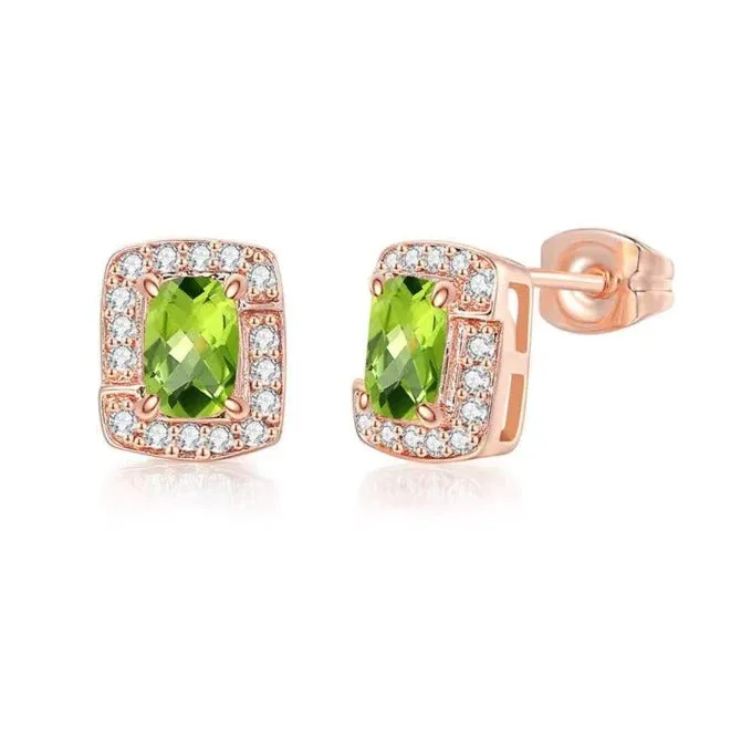 18K Rose Gold Created Peridot Princess Halo Pendant Necklace, Earrings and Tennis Bracelet Jewelry Set Plated