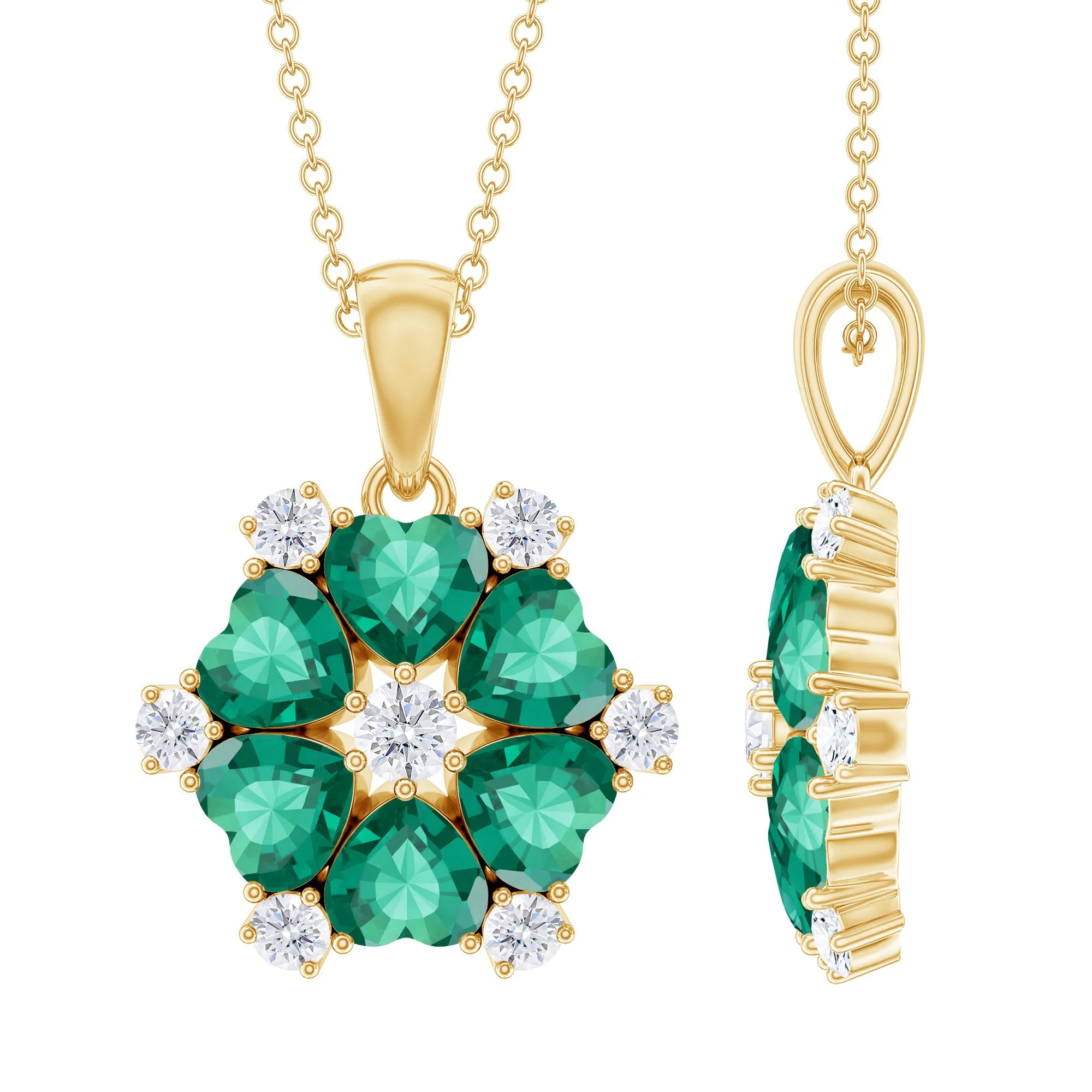2 CT Heart Shape Created Emerald and Diamond Flower Pendant