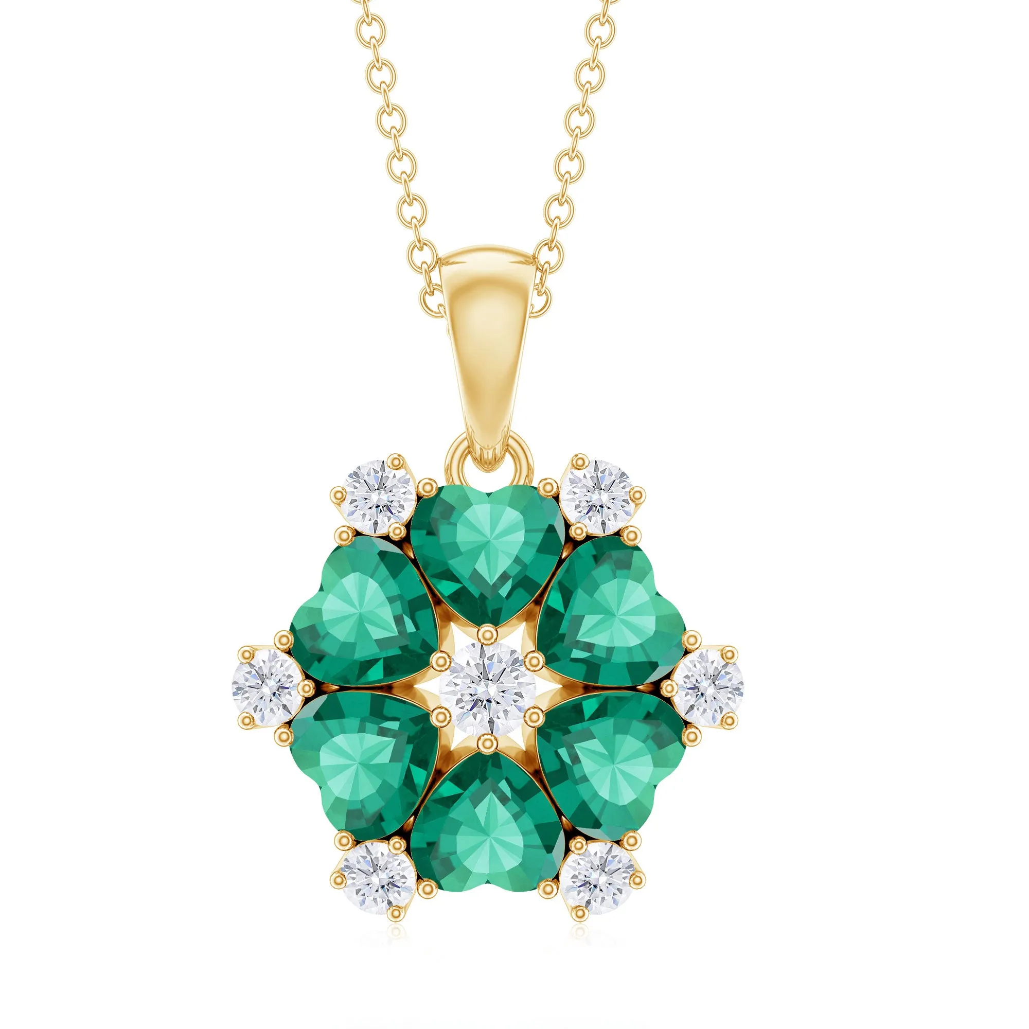 2 CT Heart Shape Created Emerald and Diamond Flower Pendant