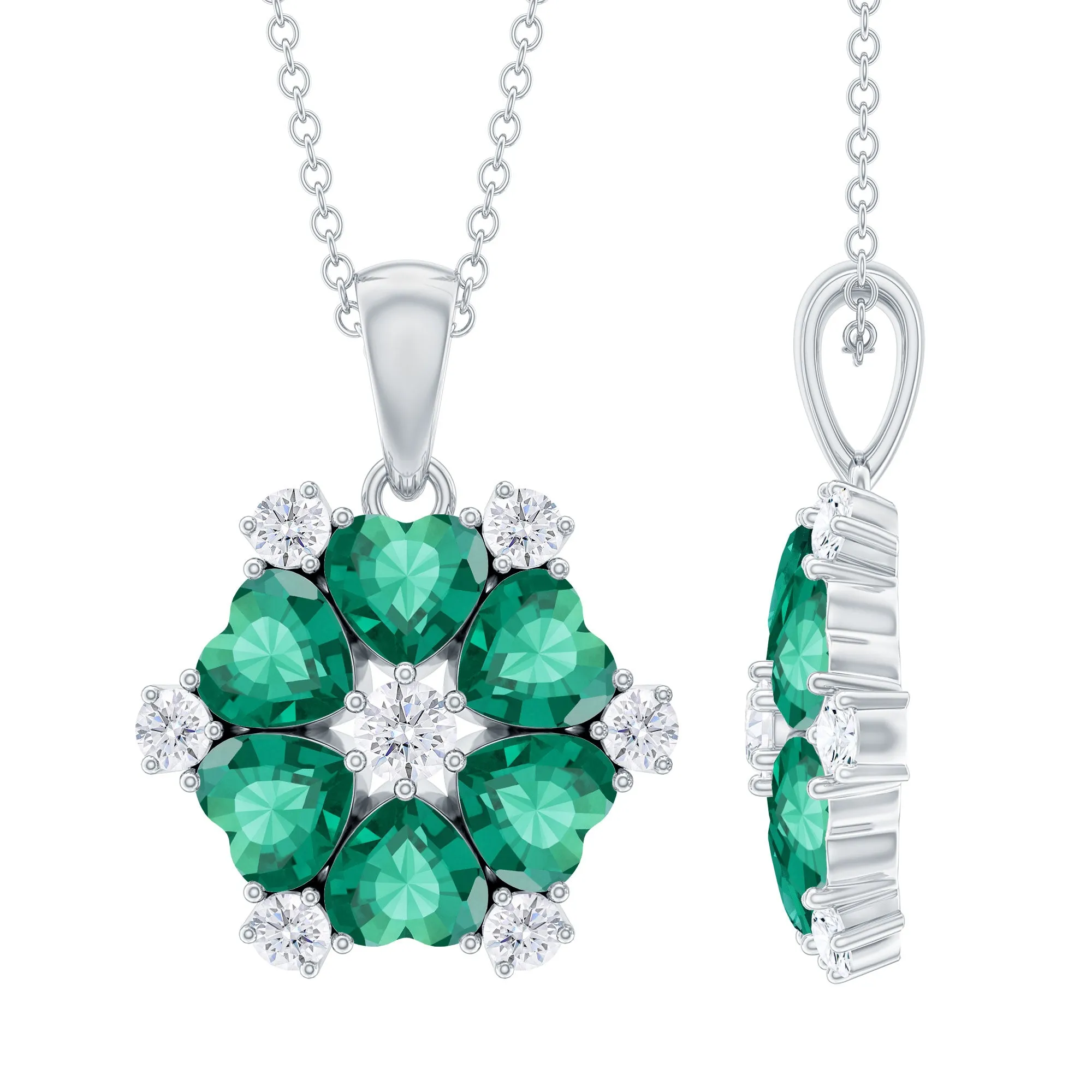 2 CT Heart Shape Created Emerald and Diamond Flower Pendant