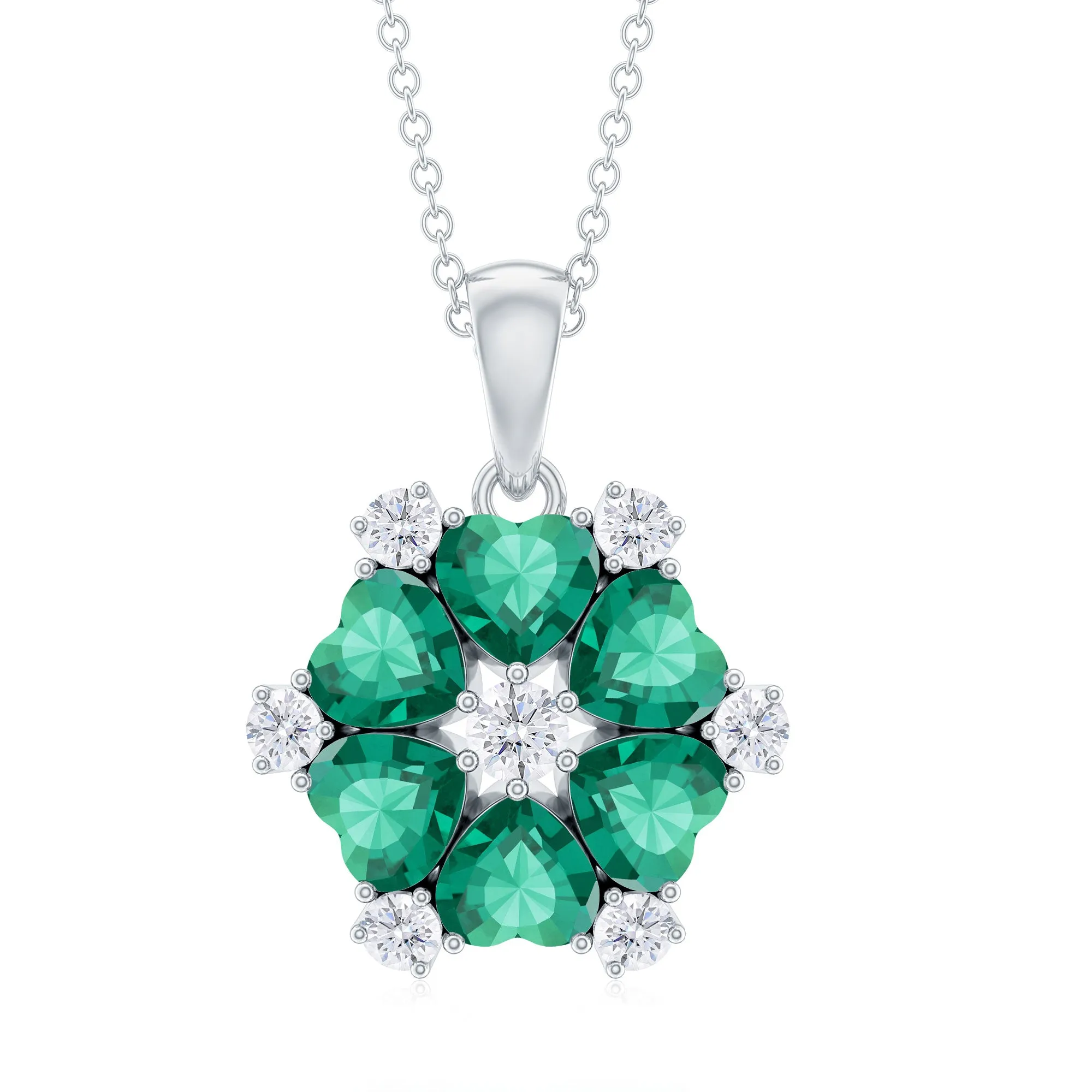 2 CT Heart Shape Created Emerald and Diamond Flower Pendant