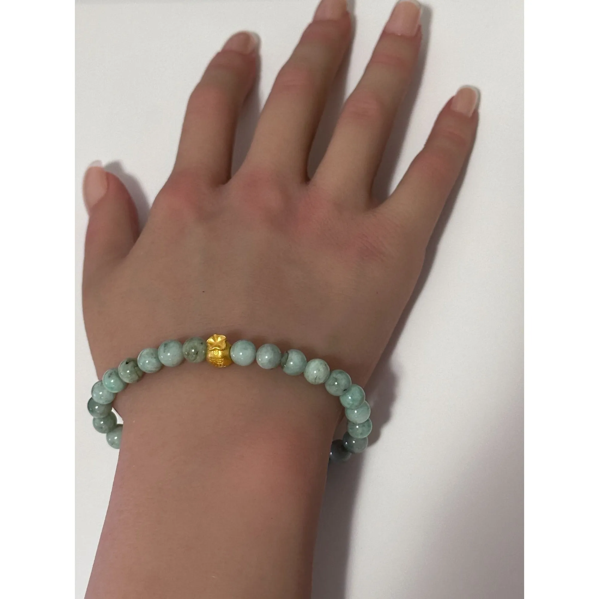 24K Gold Money Bag Lucky Charm Bracelet Gemstones Emerald May Birthstones 6mm Size 6.5"