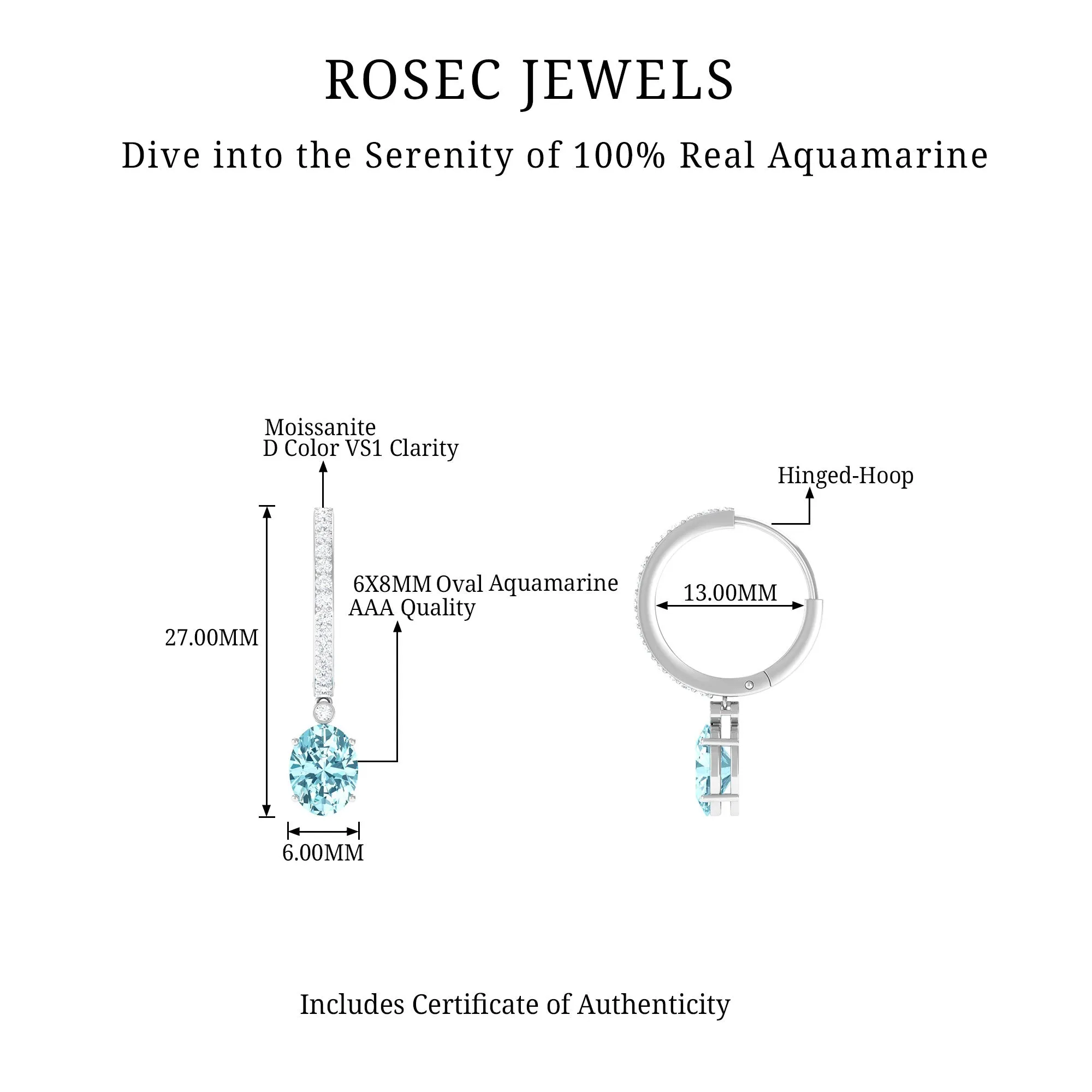 3.25 CT Oval Cut Aquamarine Hoop Drop Earrings with Moissanite