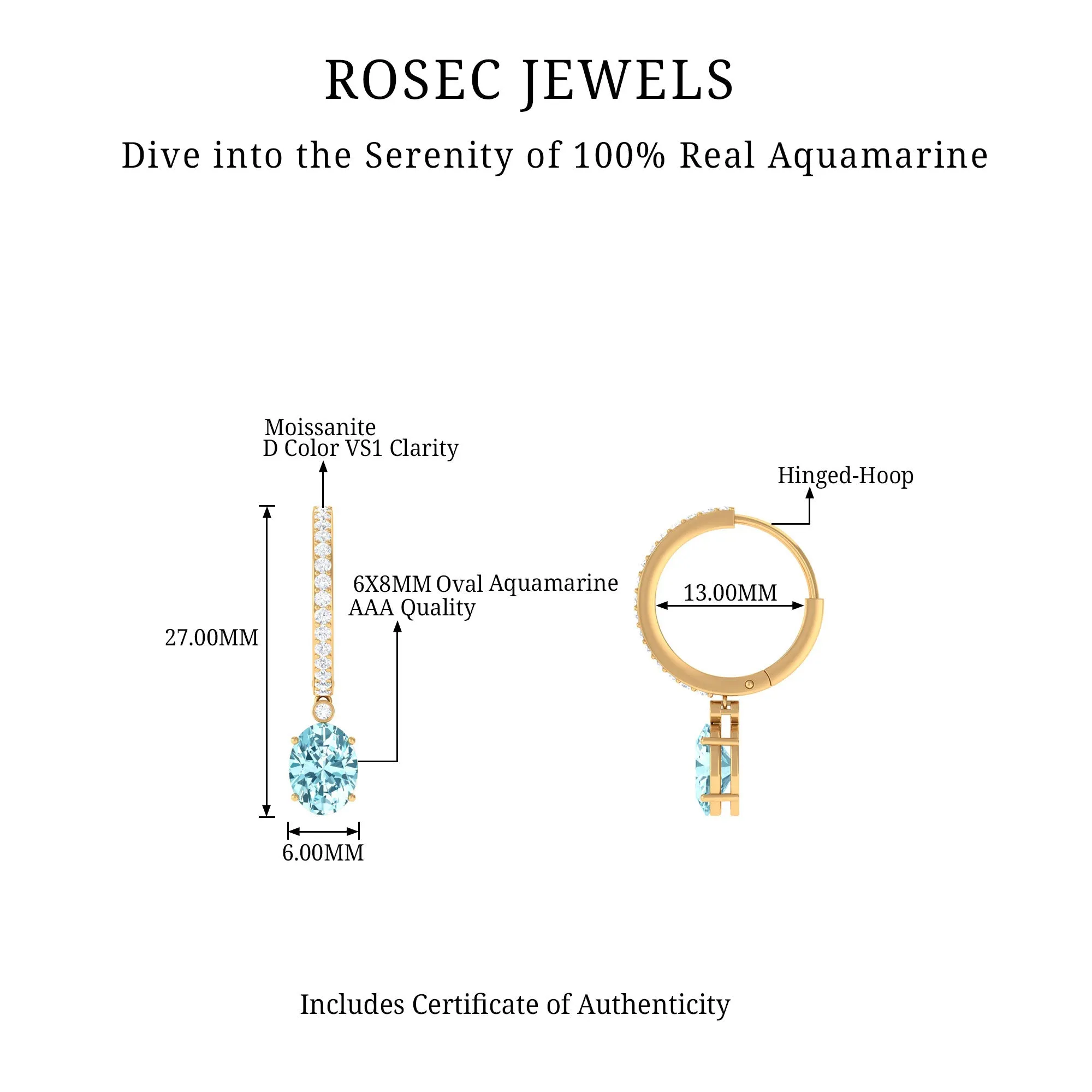 3.25 CT Oval Cut Aquamarine Hoop Drop Earrings with Moissanite