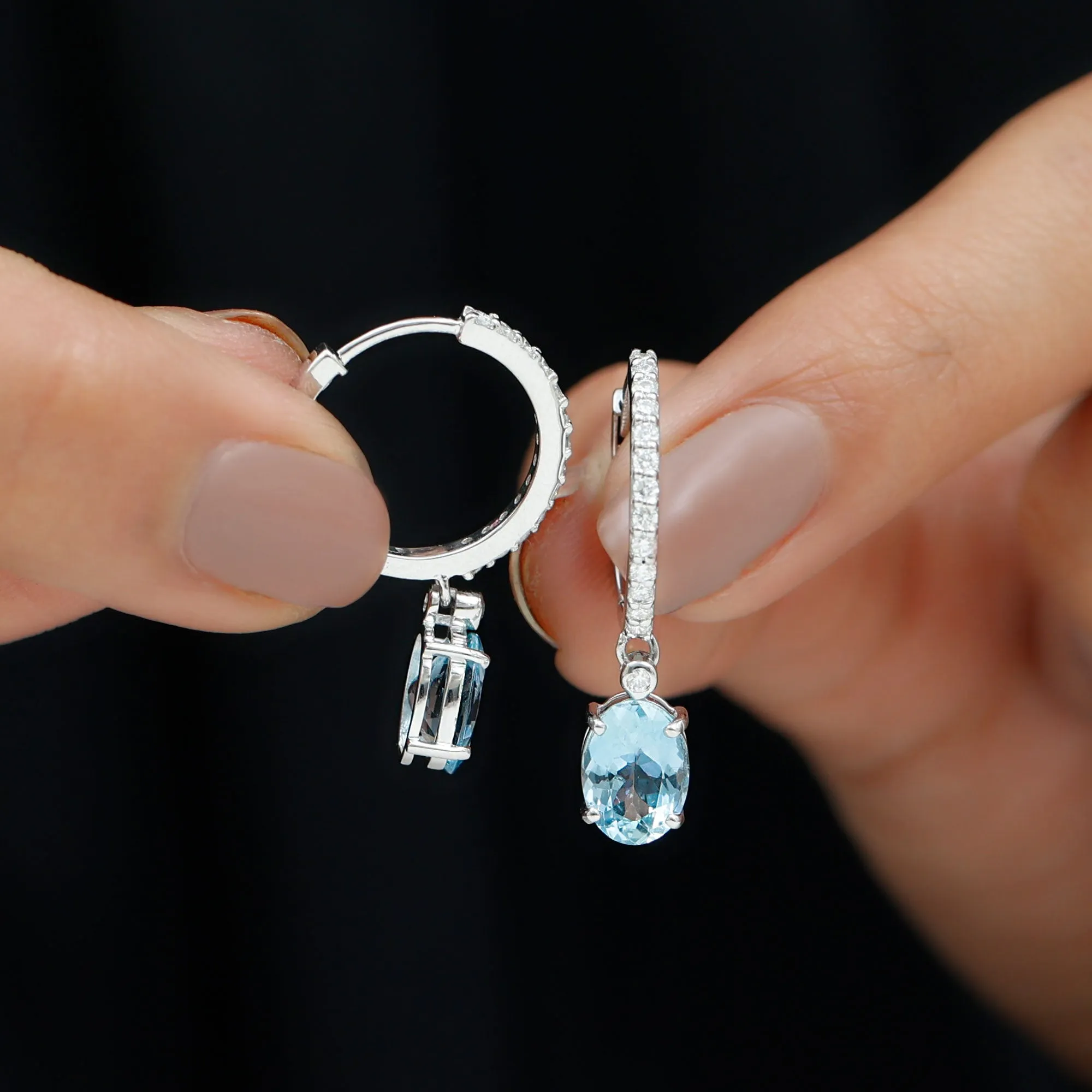 3.25 CT Oval Cut Aquamarine Hoop Drop Earrings with Moissanite