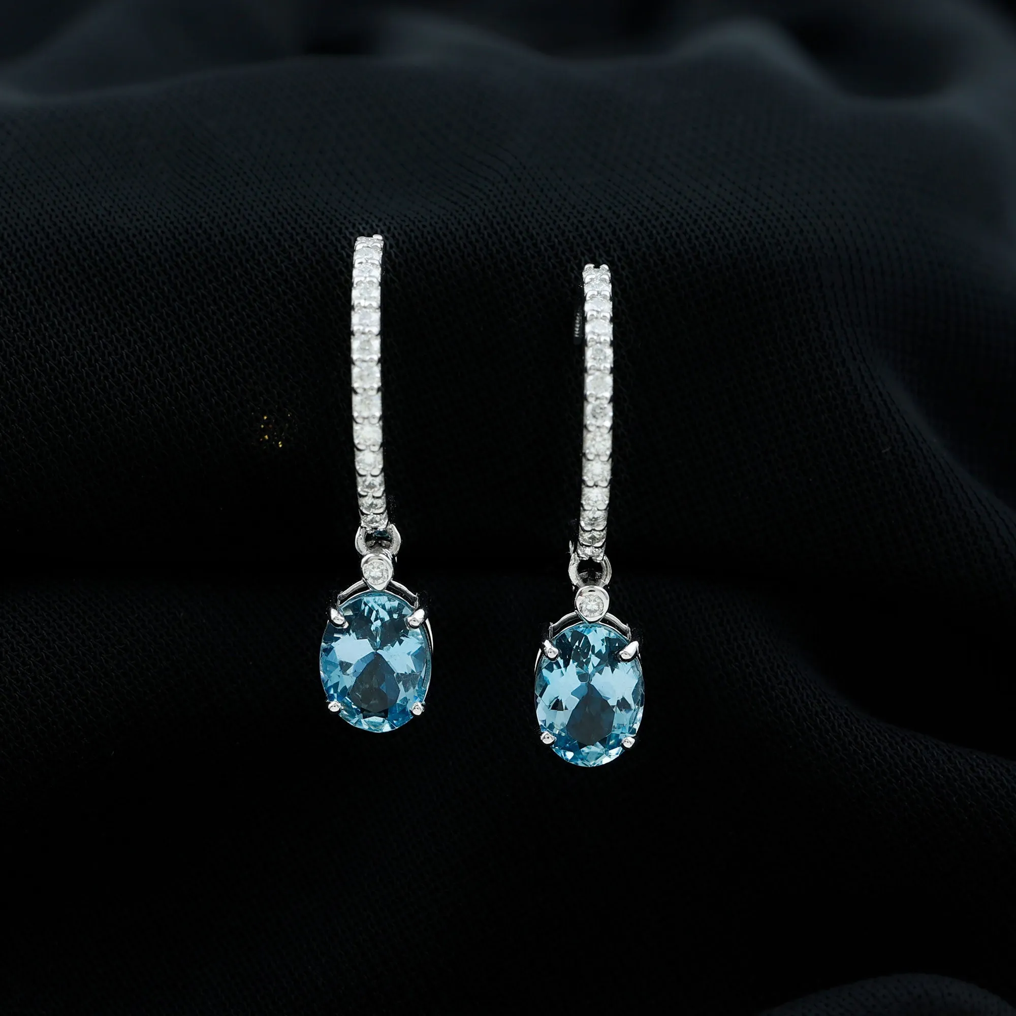 3.25 CT Oval Cut Aquamarine Hoop Drop Earrings with Moissanite