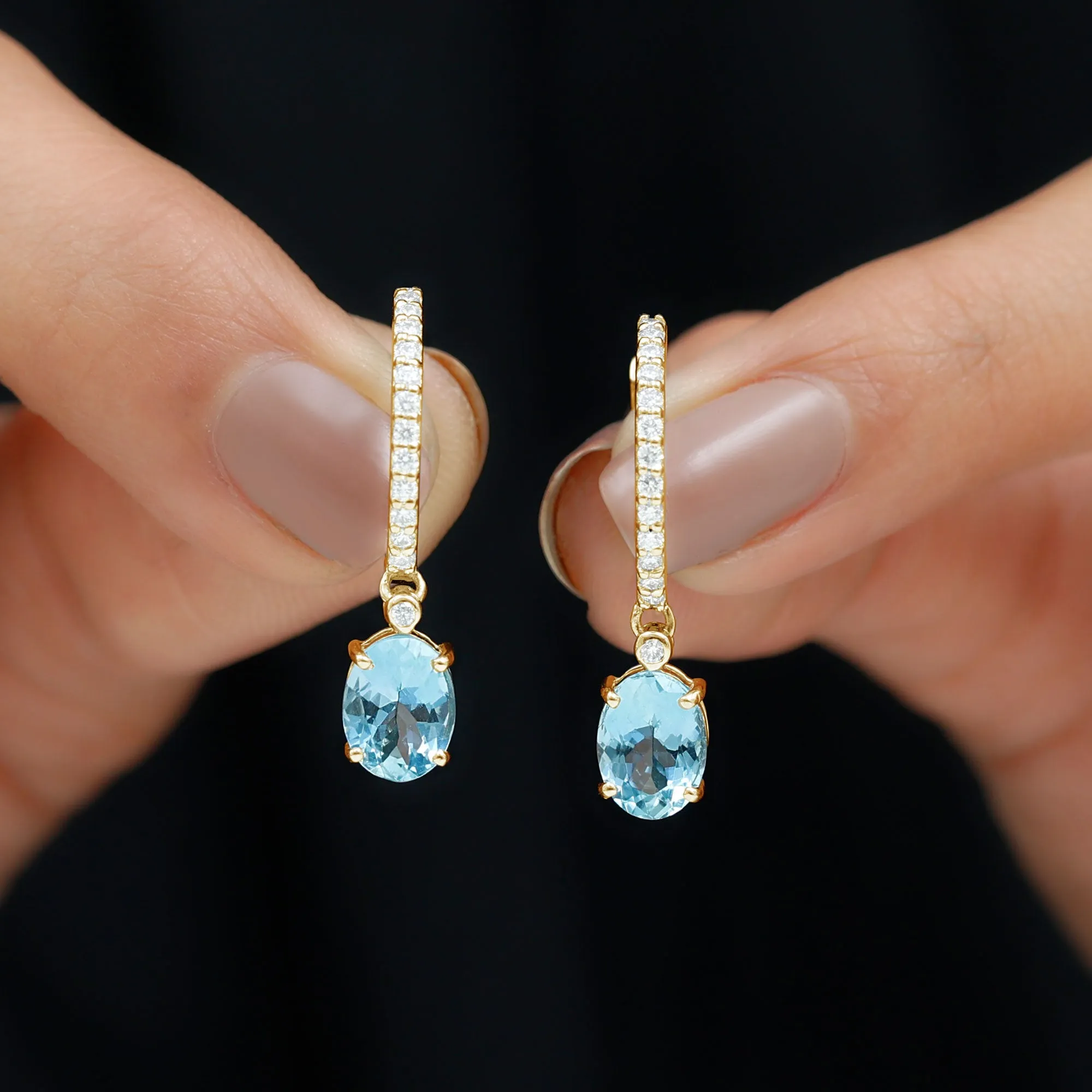 3.25 CT Oval Cut Aquamarine Hoop Drop Earrings with Moissanite