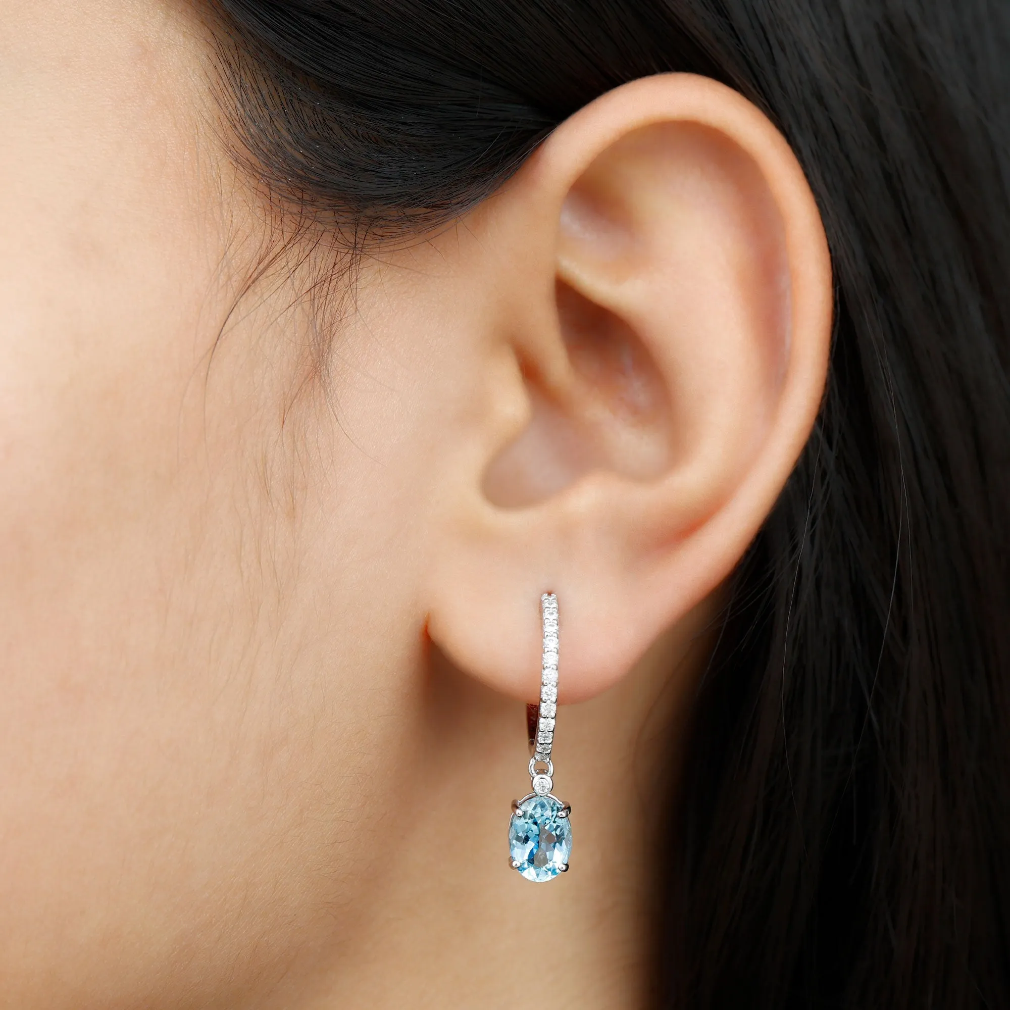 3.25 CT Oval Cut Aquamarine Hoop Drop Earrings with Moissanite