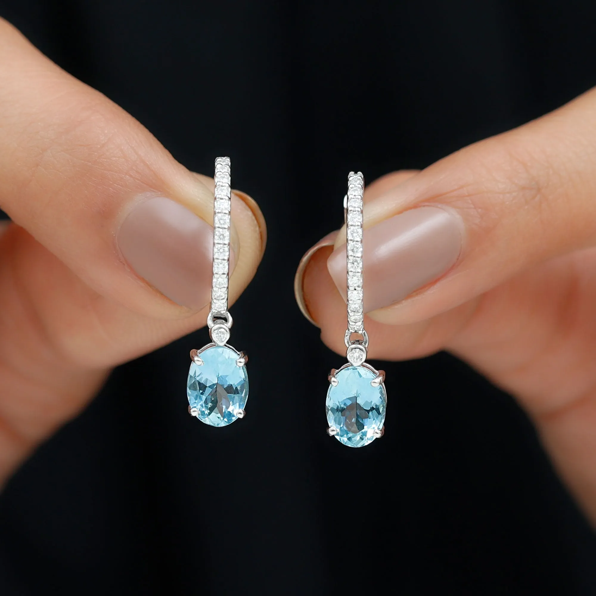 3.25 CT Oval Cut Aquamarine Hoop Drop Earrings with Moissanite