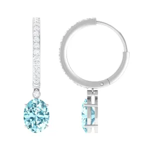 3.25 CT Oval Cut Aquamarine Hoop Drop Earrings with Moissanite