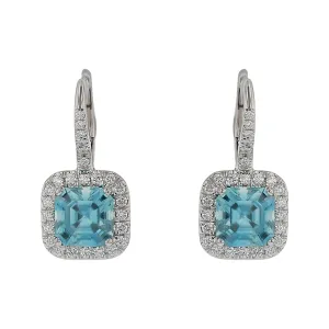 5.03ct Emerald Cut Blue Zircon and 0.46ct Diamond Halo Earrings in 18K White Gold
