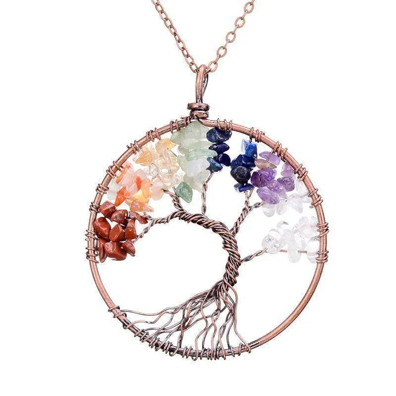 7 Chakra Tree Of Life Pendant Necklace Copper Crystal Natural Stone Necklace