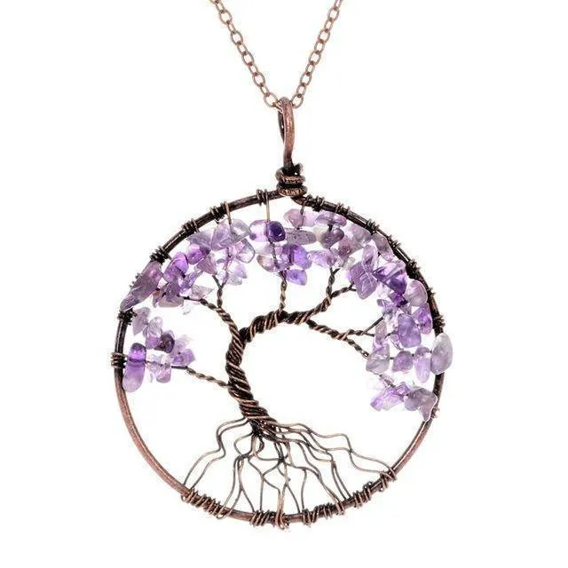7 Chakra Tree Of Life Pendant Necklace Copper Crystal Natural Stone Necklace