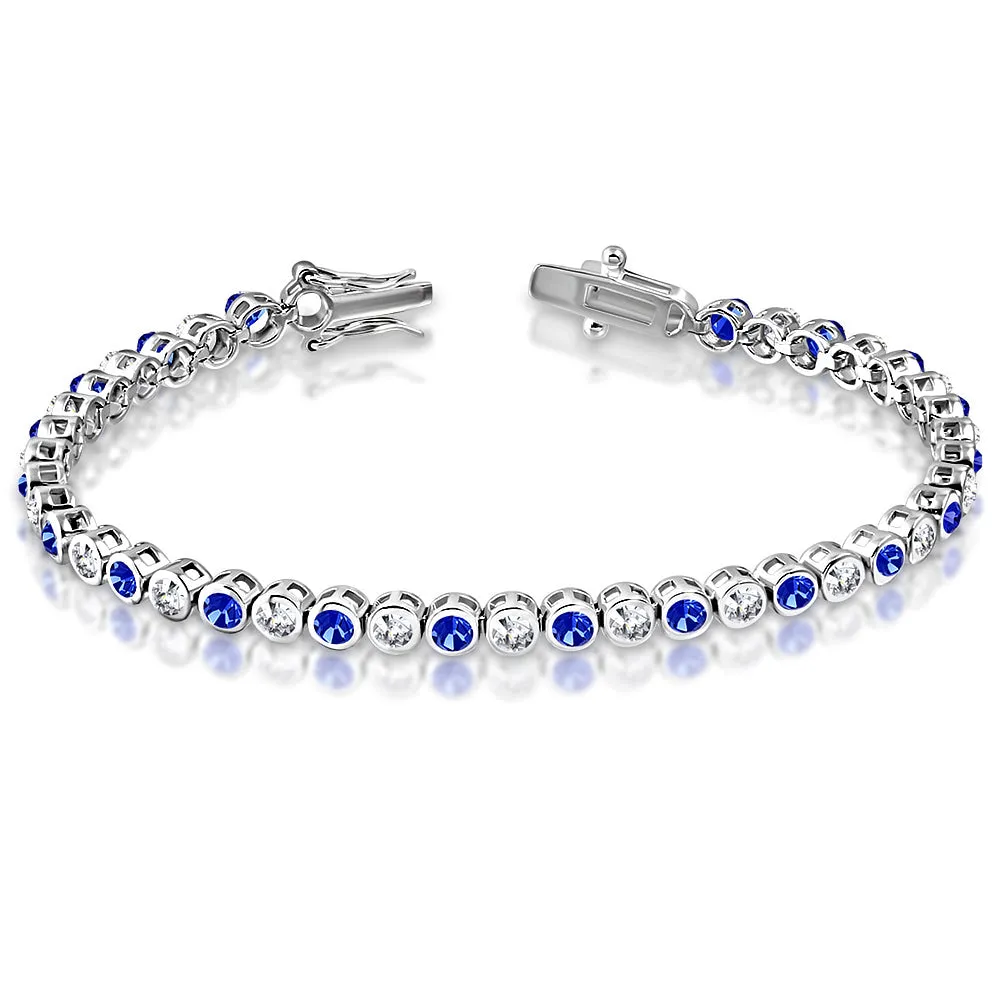 925 Sterling Silver Blue and Clear CZ Bezel Set Tennis Bracelet