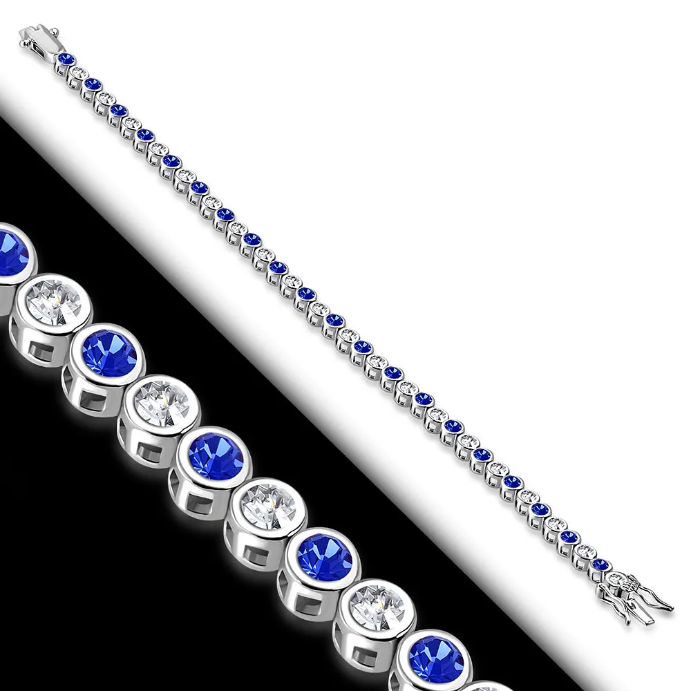 925 Sterling Silver Blue and Clear CZ Bezel Set Tennis Bracelet