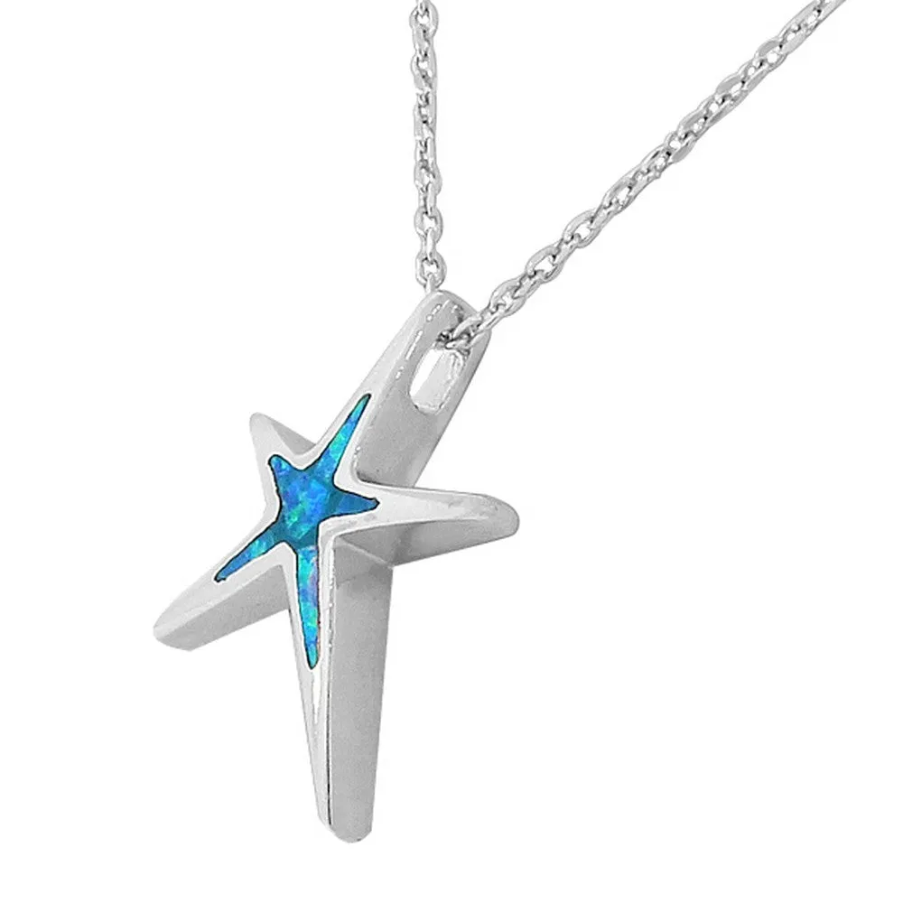 925 Sterling Silver Blue Turquoise-Tone Simulated Simulated Opal Starfish Pendant Necklace