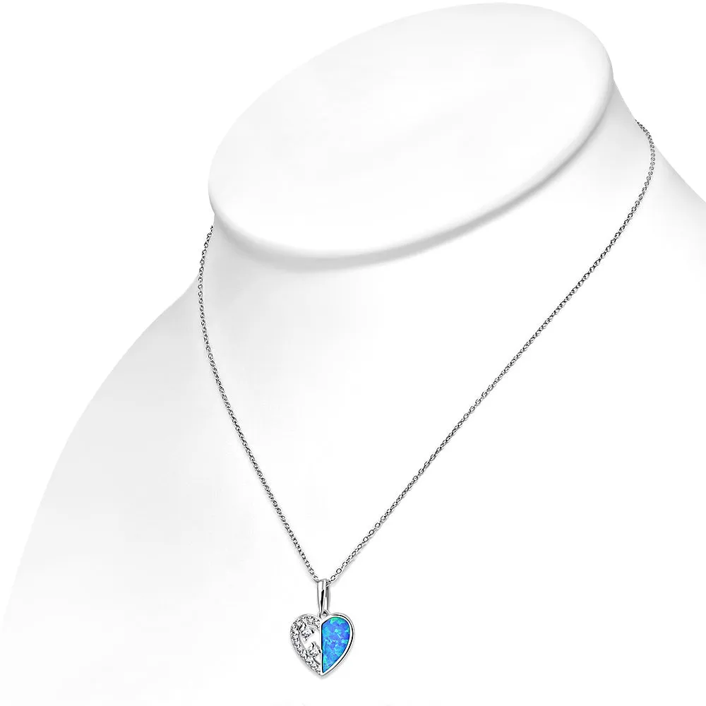 925 Sterling Silver Clear CZ Simulated Blue Opal Love Heart Pendant Necklace Stud Earrings Set