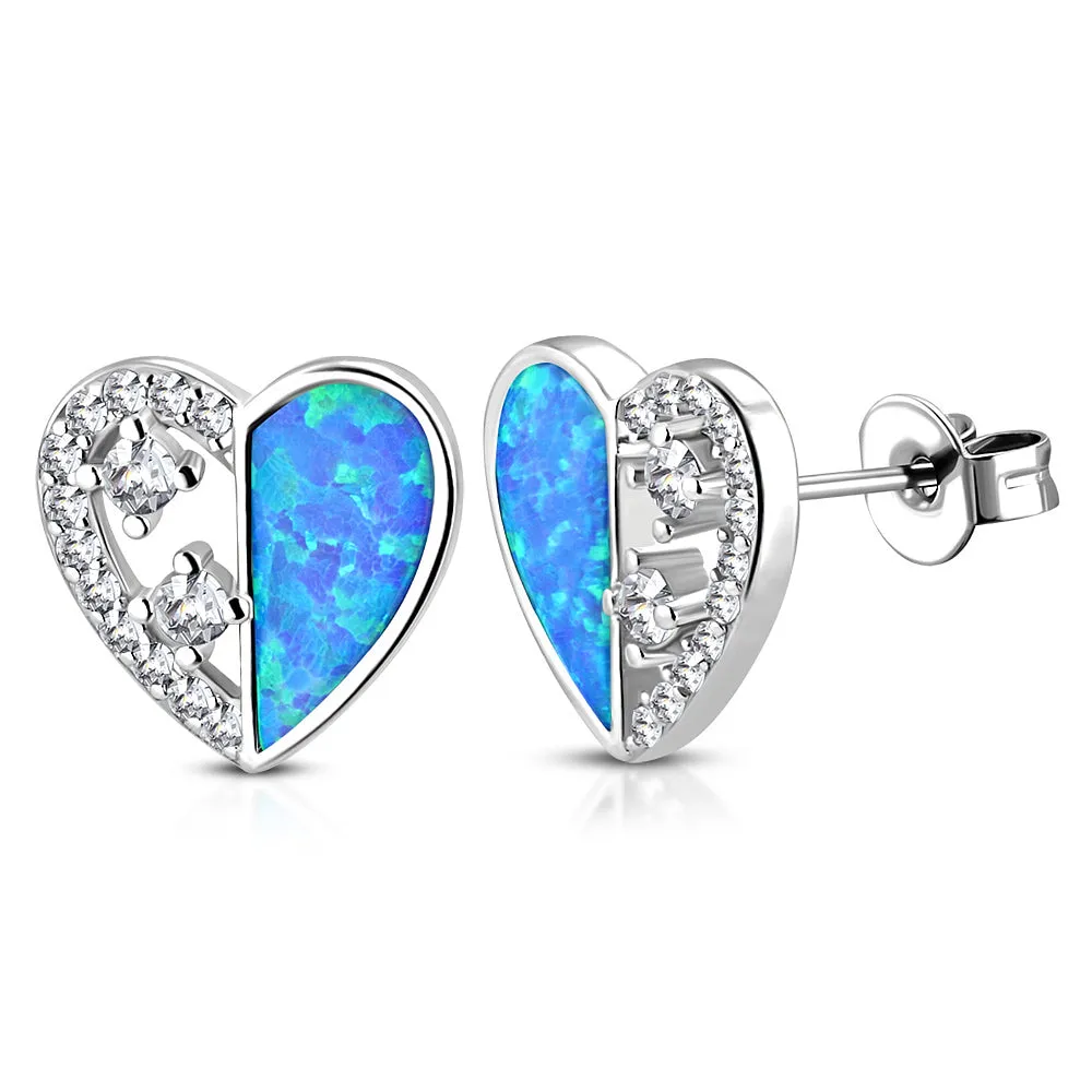 925 Sterling Silver Clear CZ Simulated Blue Opal Love Heart Pendant Necklace Stud Earrings Set