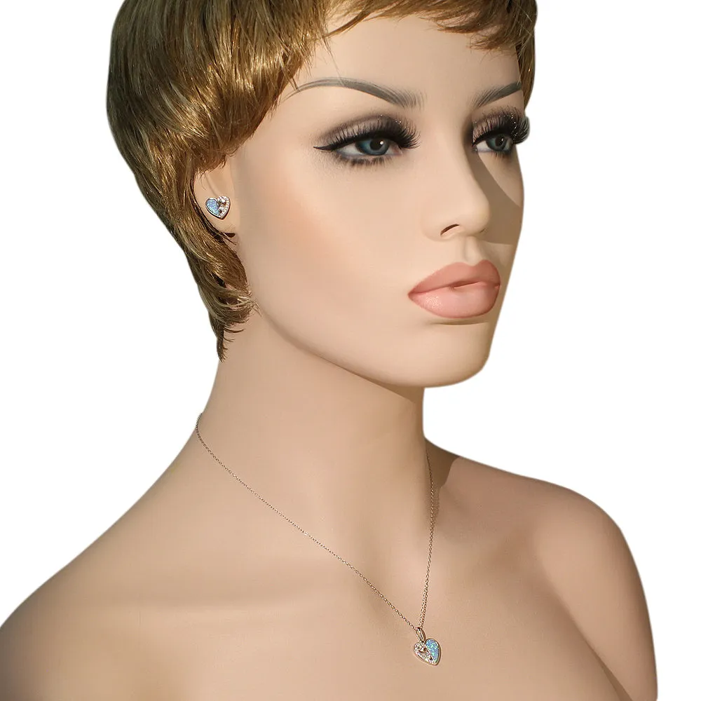 925 Sterling Silver Clear CZ Simulated Blue Opal Love Heart Pendant Necklace Stud Earrings Set