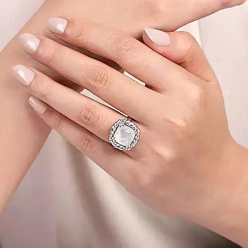 925 Sterling Silver Rope Rock Crystal and White Mother of Pearl Signet Ring