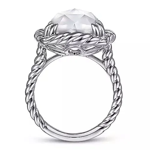 925 Sterling Silver Rope Rock Crystal and White Mother of Pearl Signet Ring