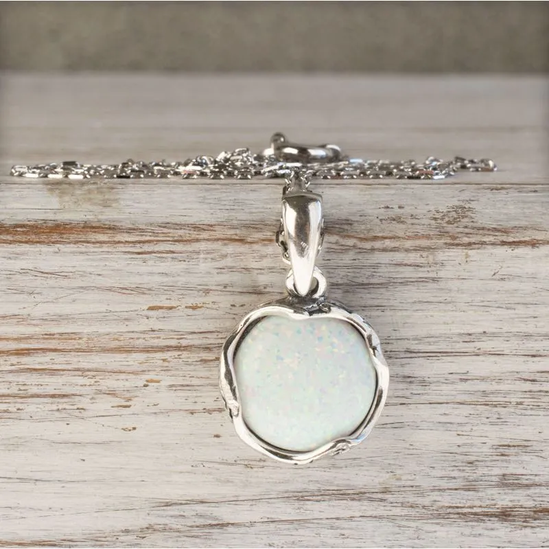 925 Sterling Silver Round White Opal 12mm Pendant