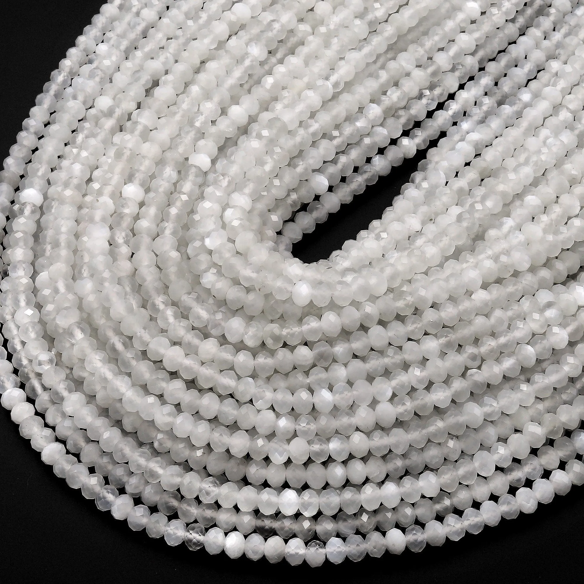 AAA Iridescent Natural Silvery White Moonstone Faceted Rondelle Beads 3mm 4mm Gemstone 15.5" Strand