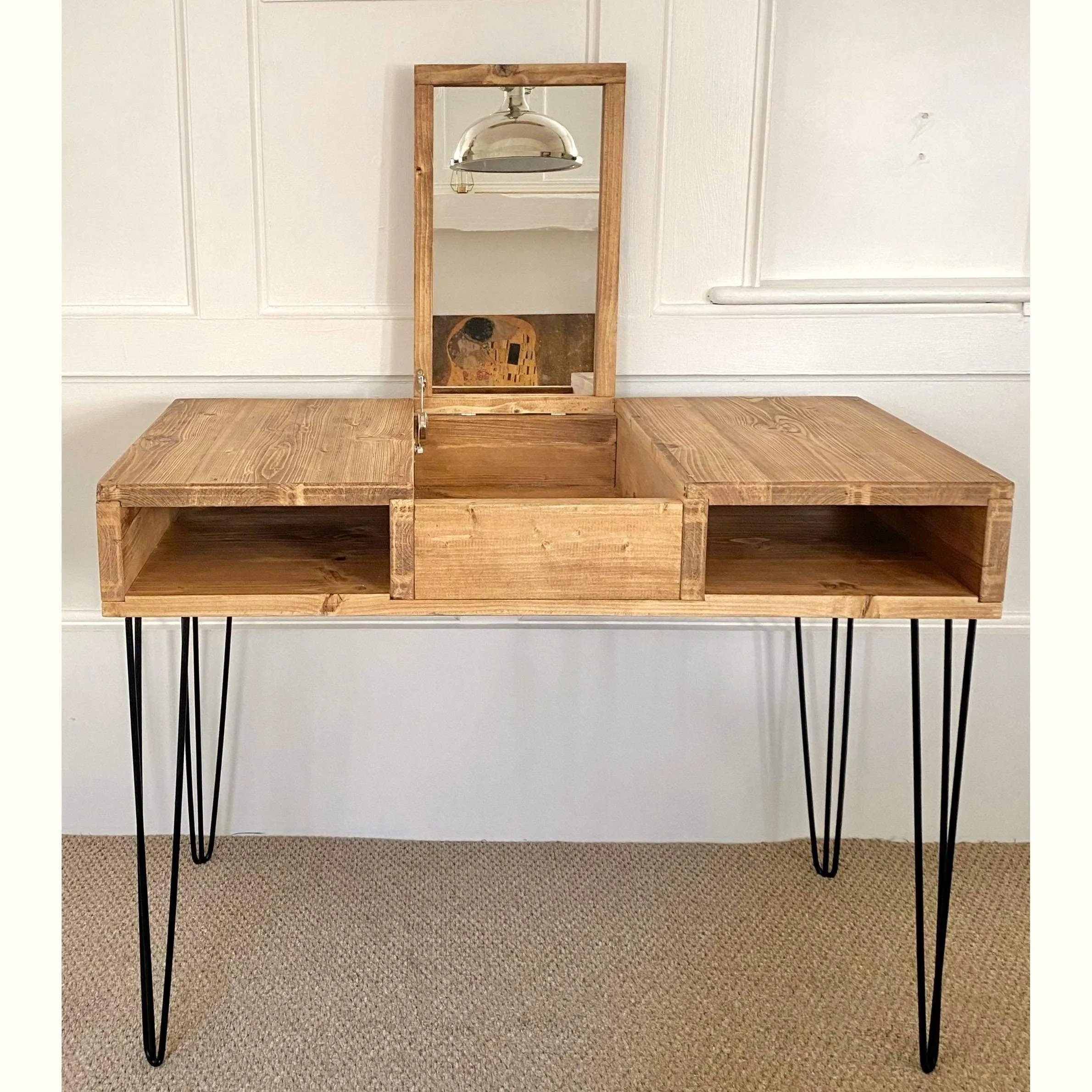 AELA: Reclaimed Wood Dressing Table with Mirror and Hairpin Legs